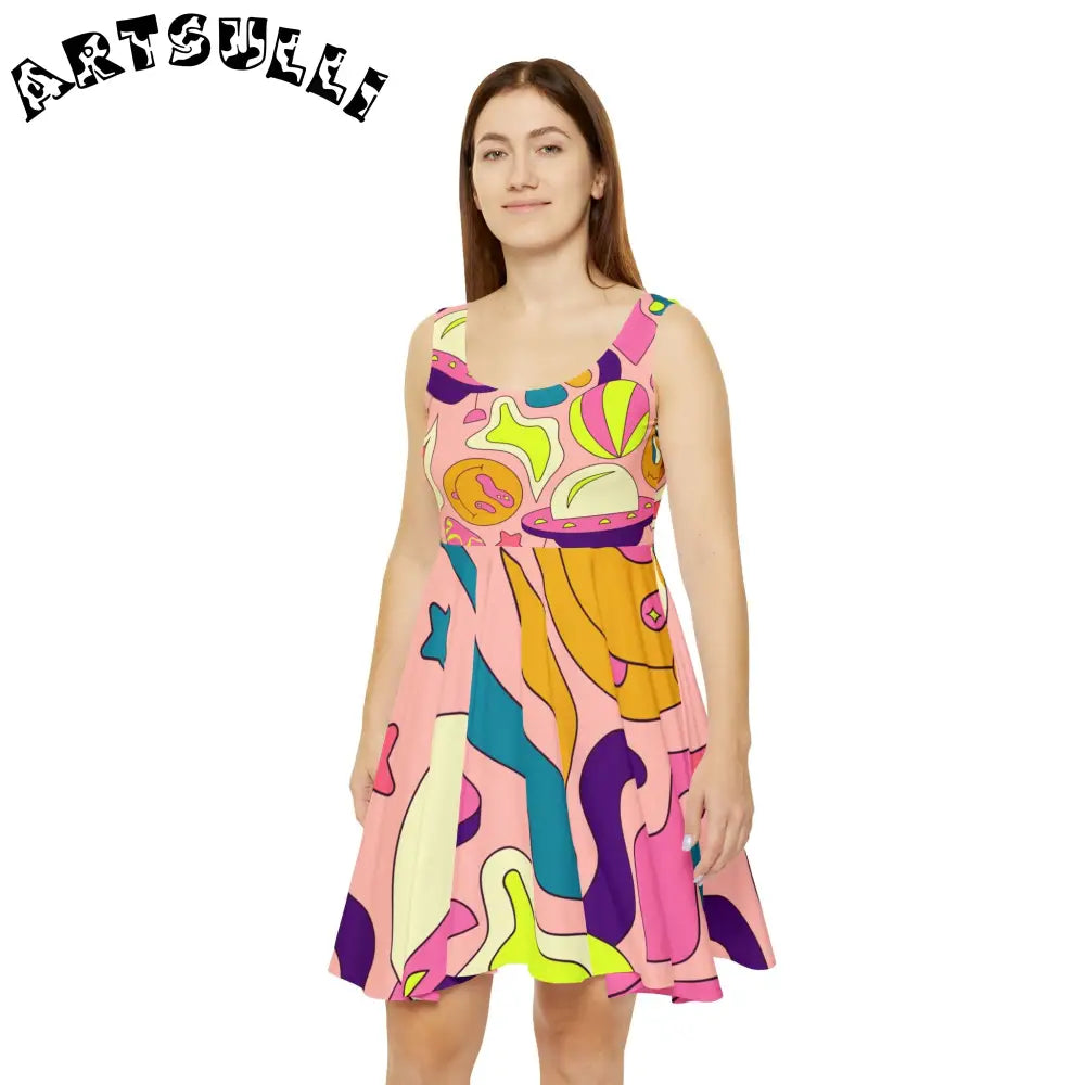 JAKKOUTTHEBXX Trippy Spaceships Pink Women’s Skater Dress (AOP)