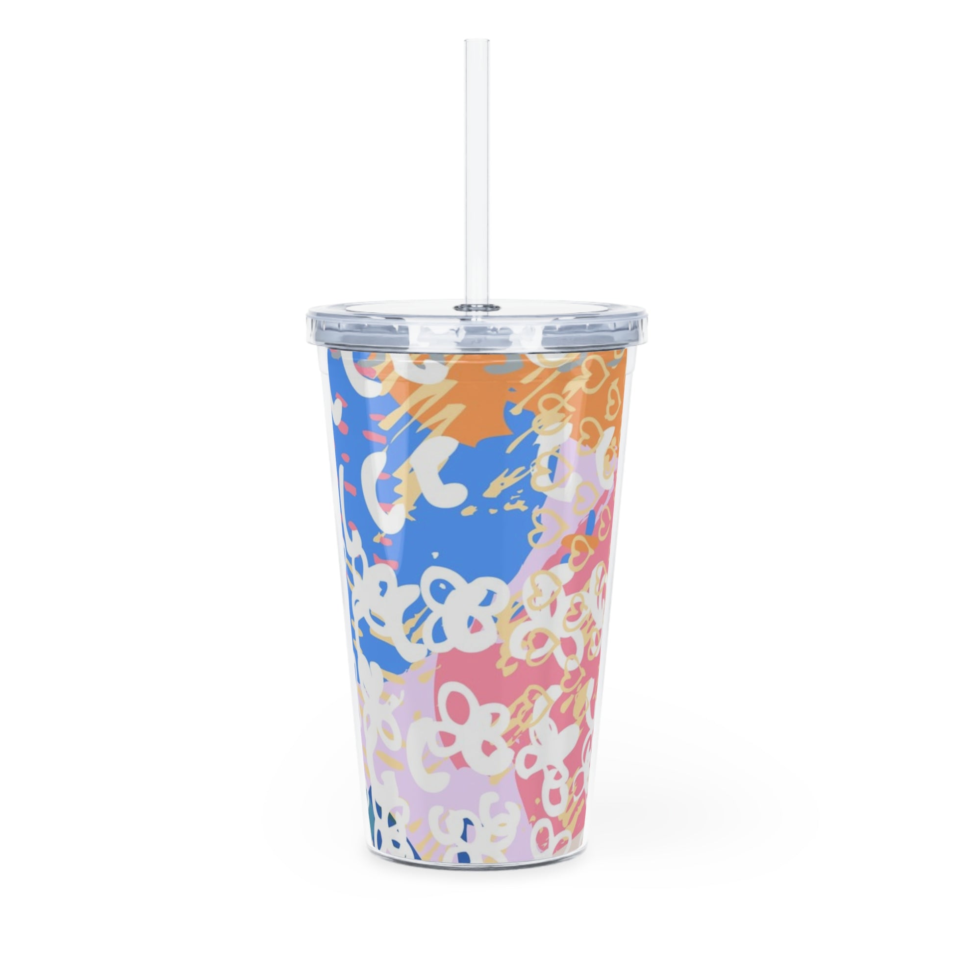 Flowers x Doodles x Hearts Multi-Color Plastic Tumbler with Straw, Artsulli - Art is Long, Life is Short, Mug, , , , , , , 
