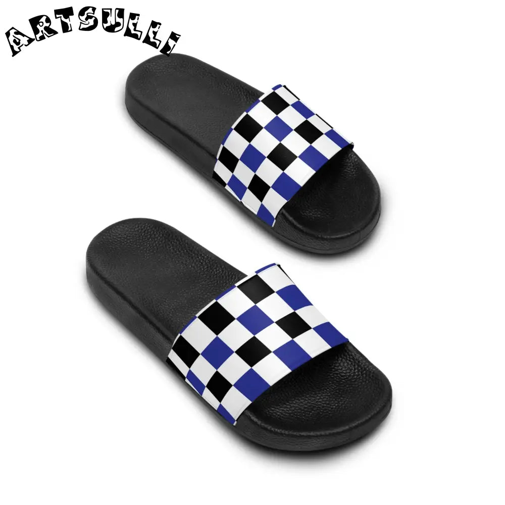 JAKKOUTTHEBXX Checkerboard Blue White and Black Women’s Slide