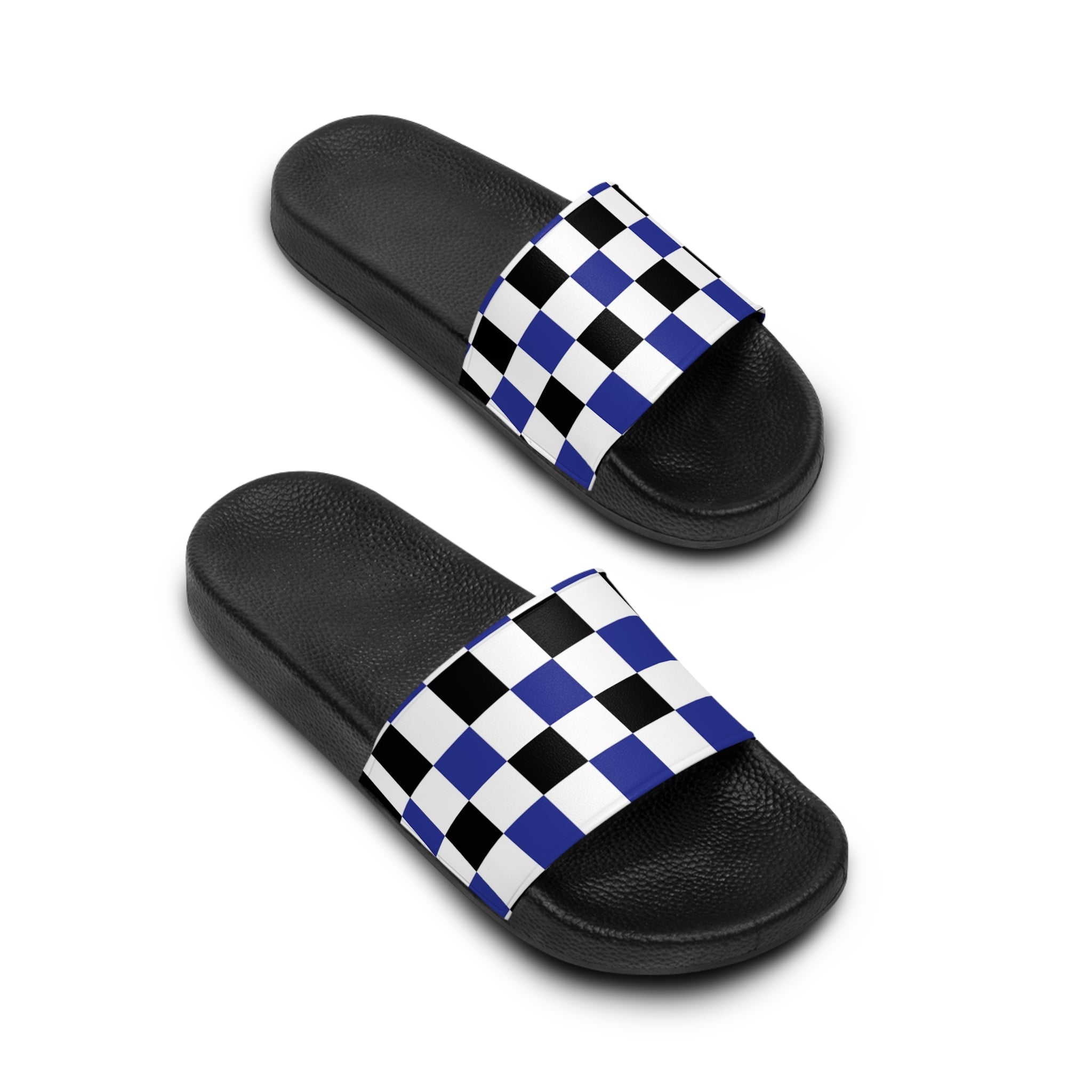 Checkerboard Blue White and Black Women's Slide Sandals, Artsulli - Art is Long, Life is Short, Shoes, , , , , , , 