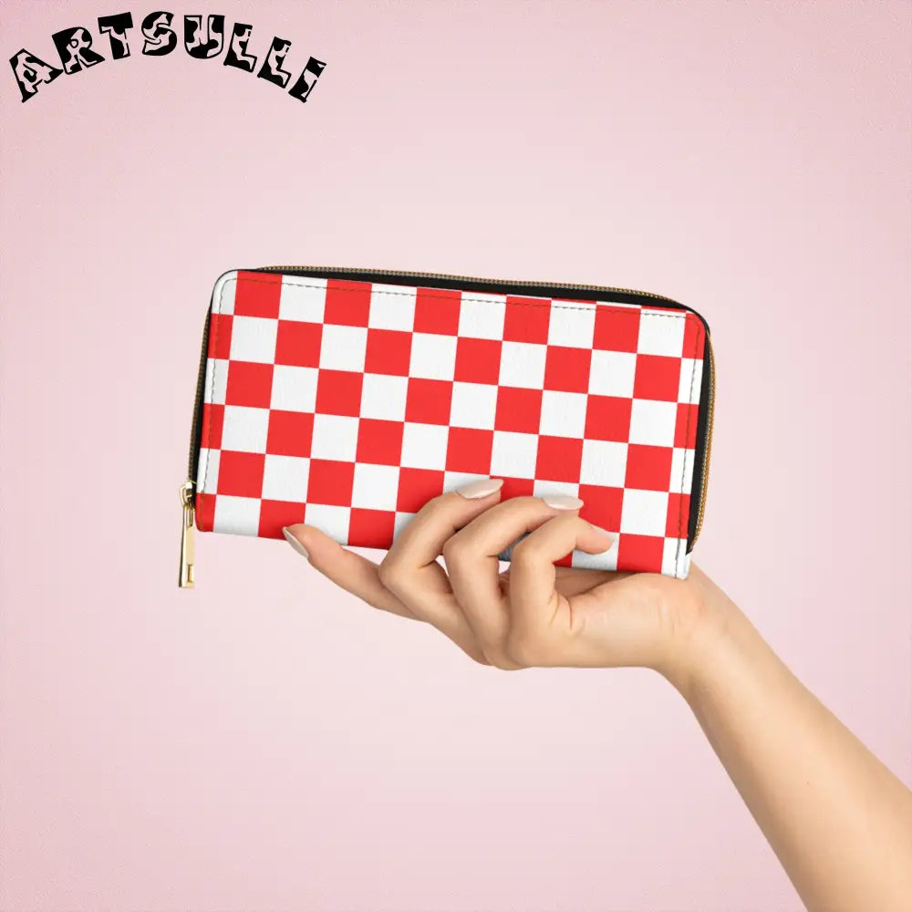 JAKKOUTTHEBXX Checkerboard Red and White Zipper Wallet JAKKOUTTHEBXX
