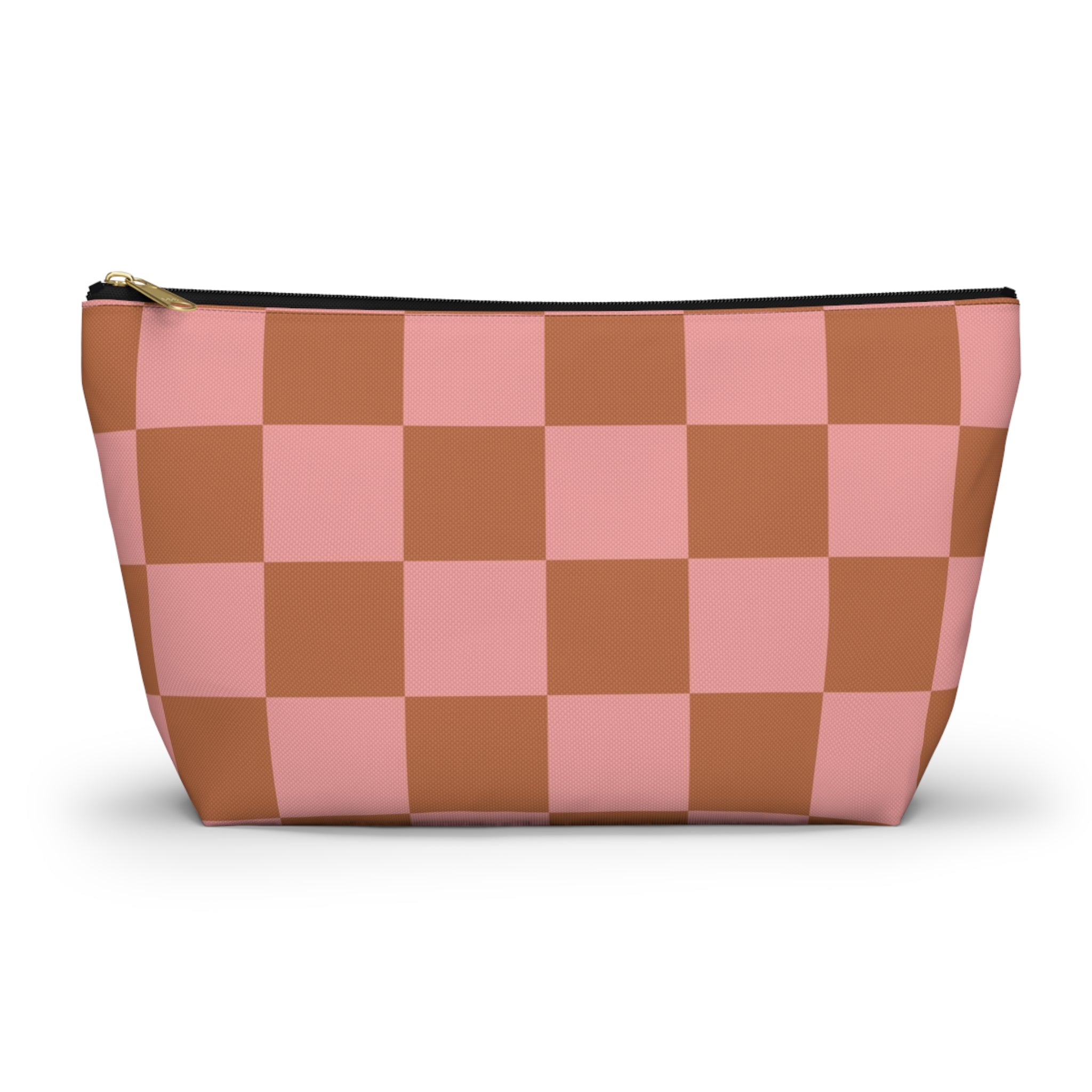 Chessboard Pink and Brown Accessory Pouch w T-bottom, Artsulli - Art is Long, Life is Short, Bags, Size, Large, Color, Black zipper, , , 22653898845167195657