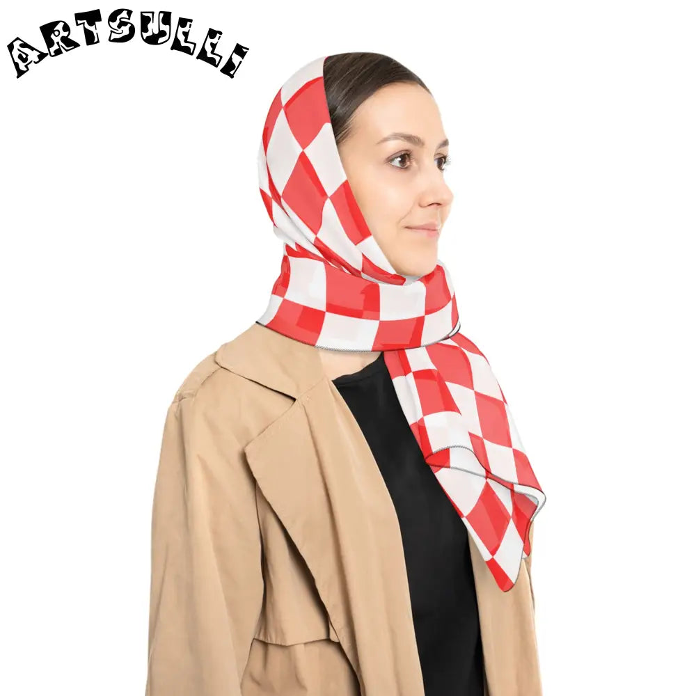 JAKKOUTTHEBXX Checkerboard II Red and White Poly Scarf JAKKOUTTHEBXX