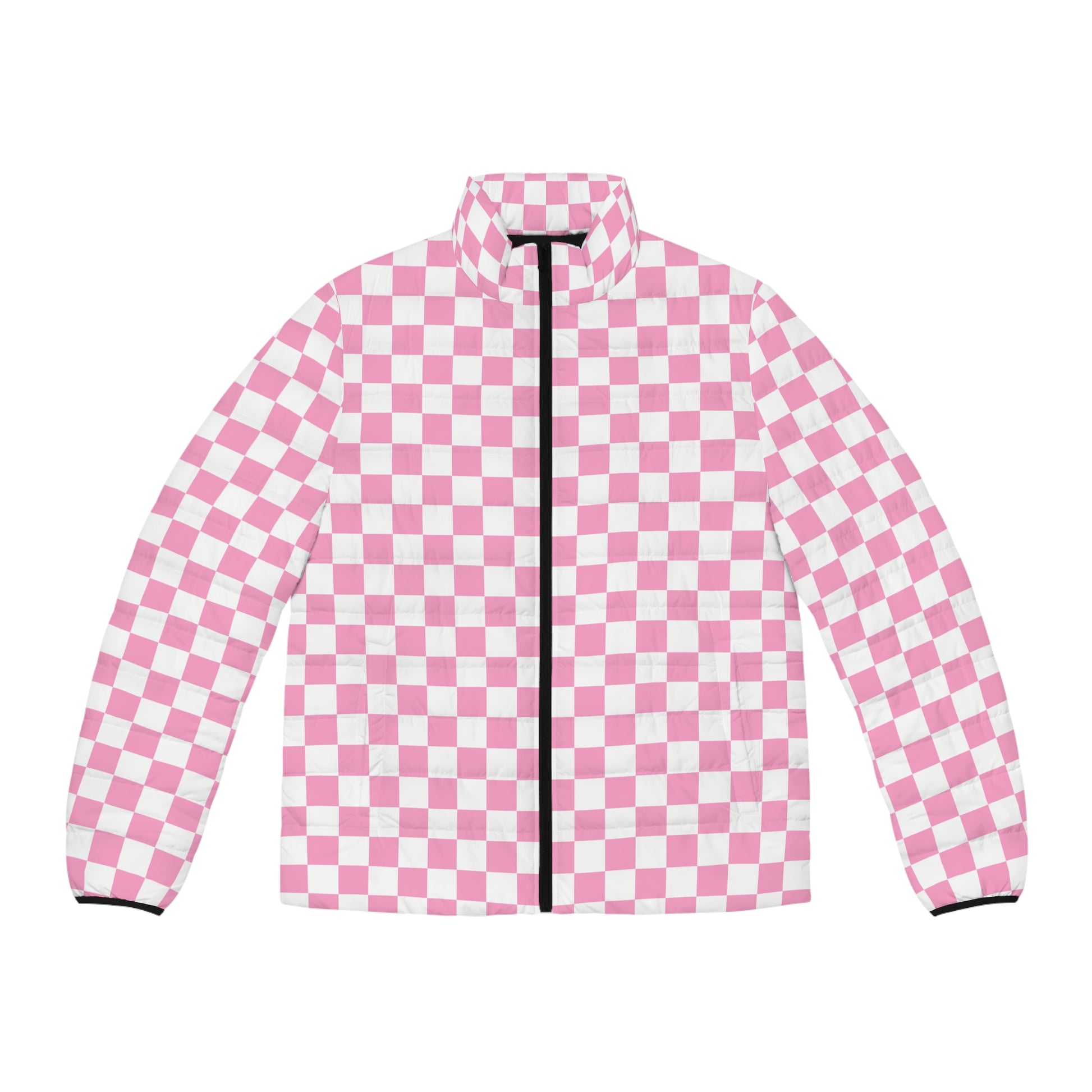 Checkerboard Hot Pink and White Men's Puffer Jacket (AOP), Artsulli - Art is Long, Life is Short, All Over Prints, Size, S, Color, Black zipper, , , 87833508577169051000