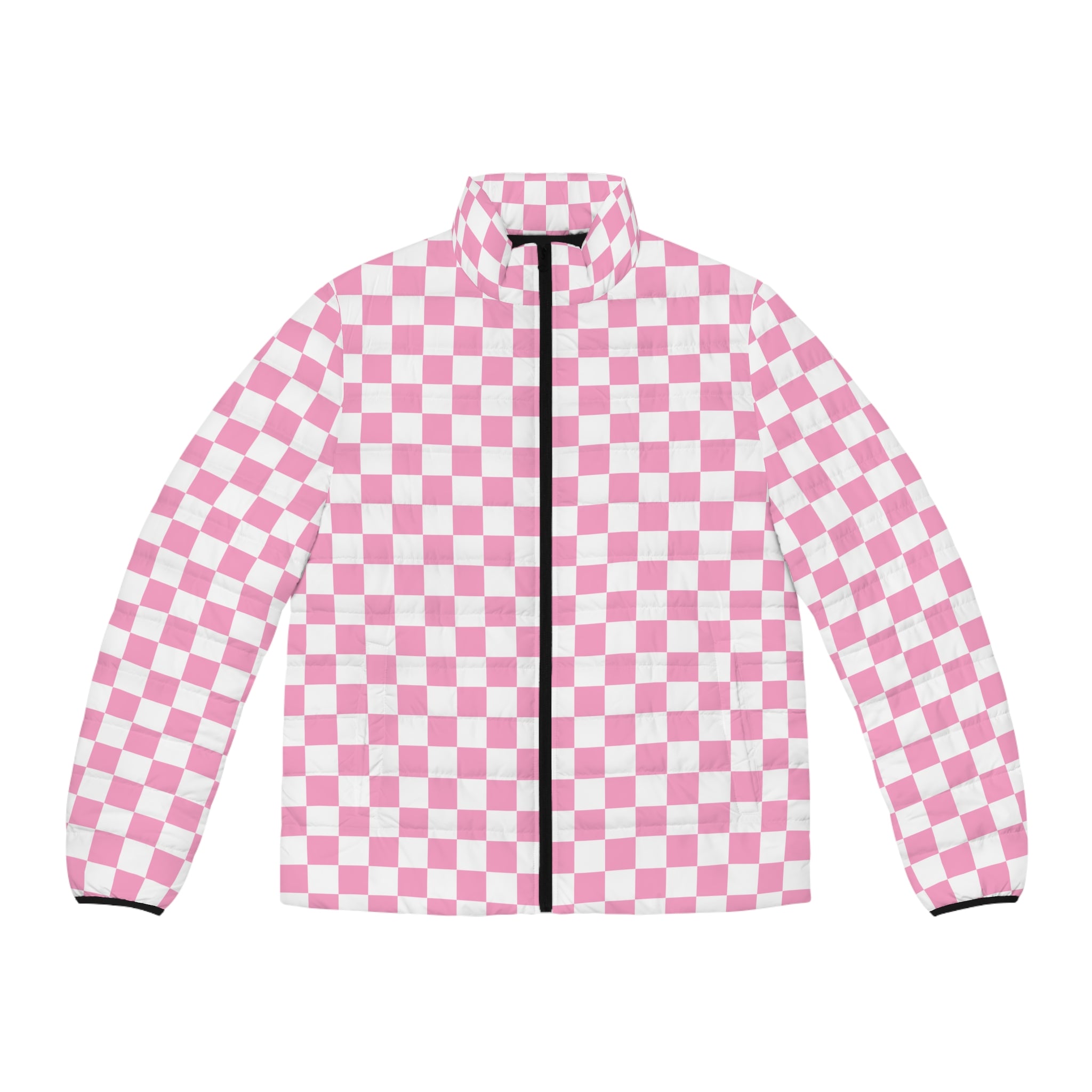 Checkerboard Hot Pink and White Men's Puffer Jacket (AOP), Artsulli - Art is Long, Life is Short, All Over Prints, Size, S, Color, Black zipper, , , 87833508577169051000