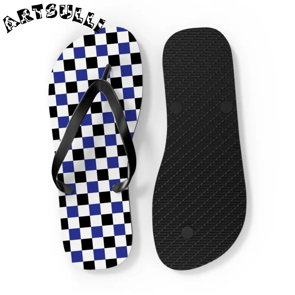 JAKKOUTTHEBXX Checkerboard Blue White and Black Flip Flops