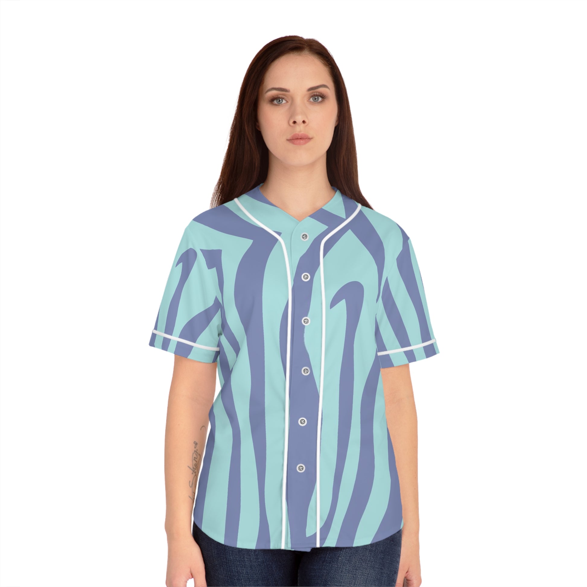 Amorphous Blue Zebra Banner Women's Baseball Jersey (AOP), Artsulli - Art is Long, Life is Short, All Over Prints, , , , , , , 