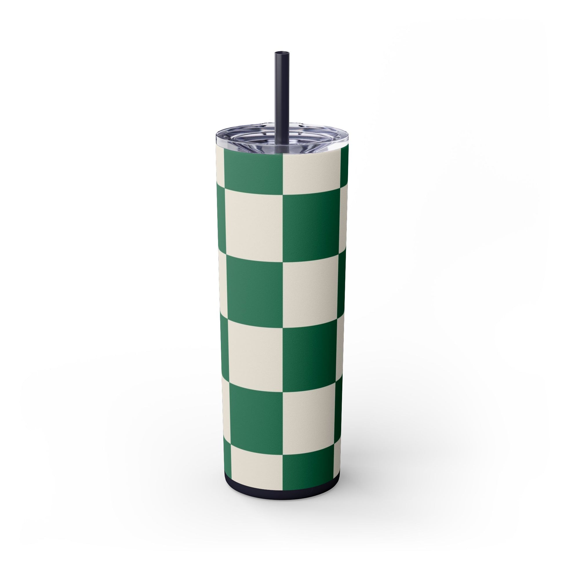 Checkerboard Dark Green Skinny Tumbler with Straw, 20oz, Artsulli - Art is Long, Life is Short, Mug, , , , , , , 