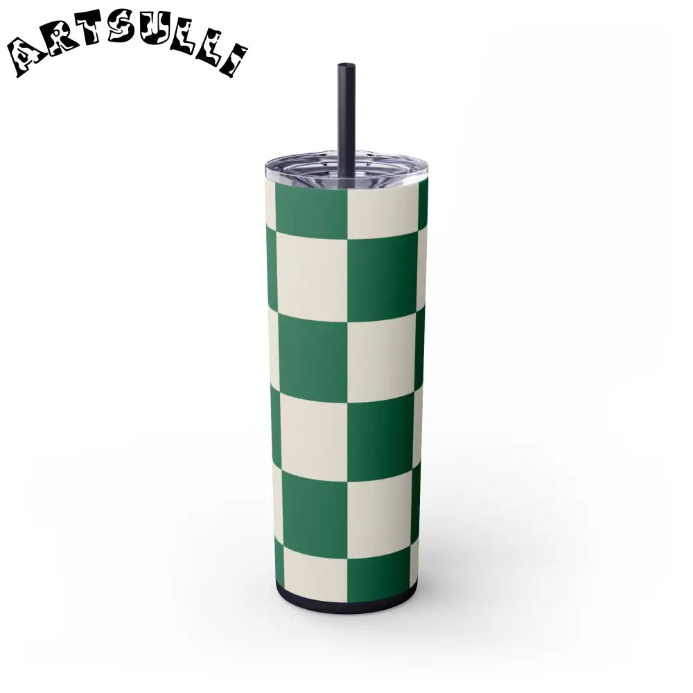 JAKKOUTTHEBXX Checkerboard Dark Green Skinny Tumbler with Straw 20oz