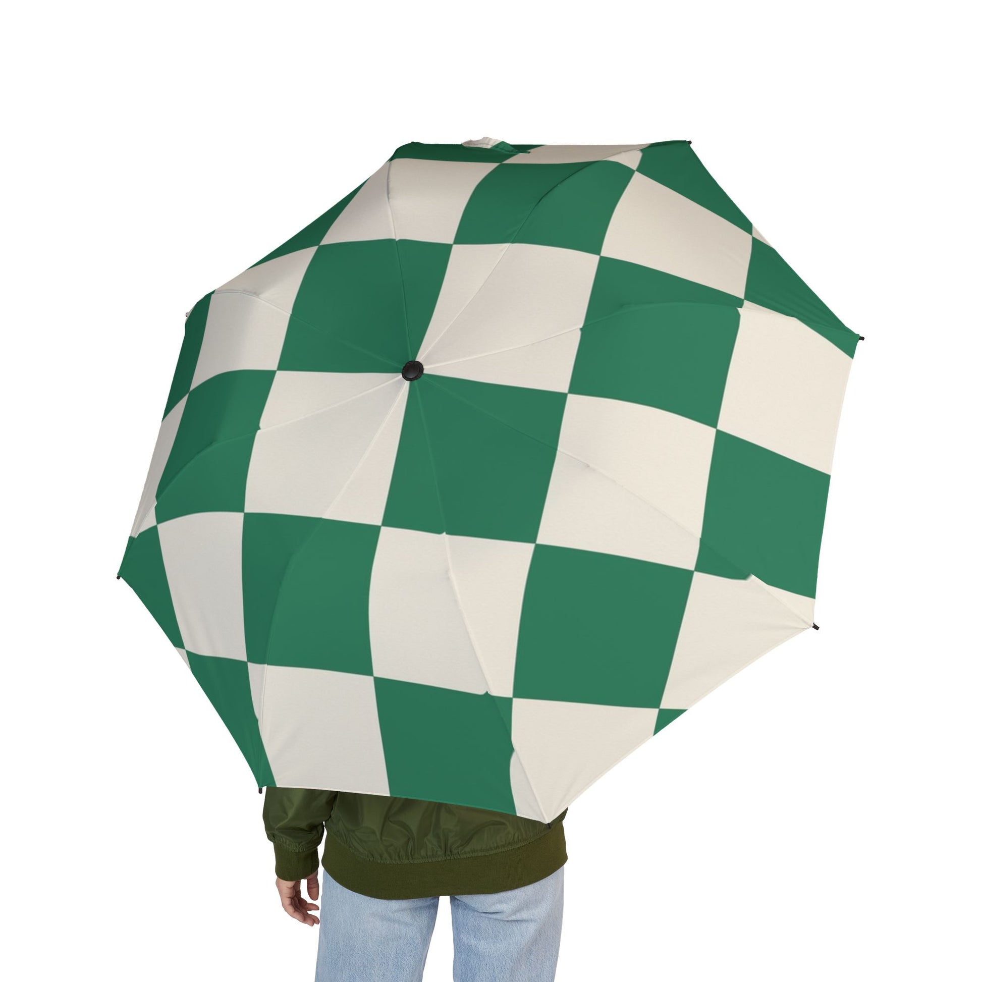 Checkerboard Dark Green Semi-Automatic Foldable Umbrella, Artsulli - Art is Long, Life is Short, Accessories, , , , , , , 
