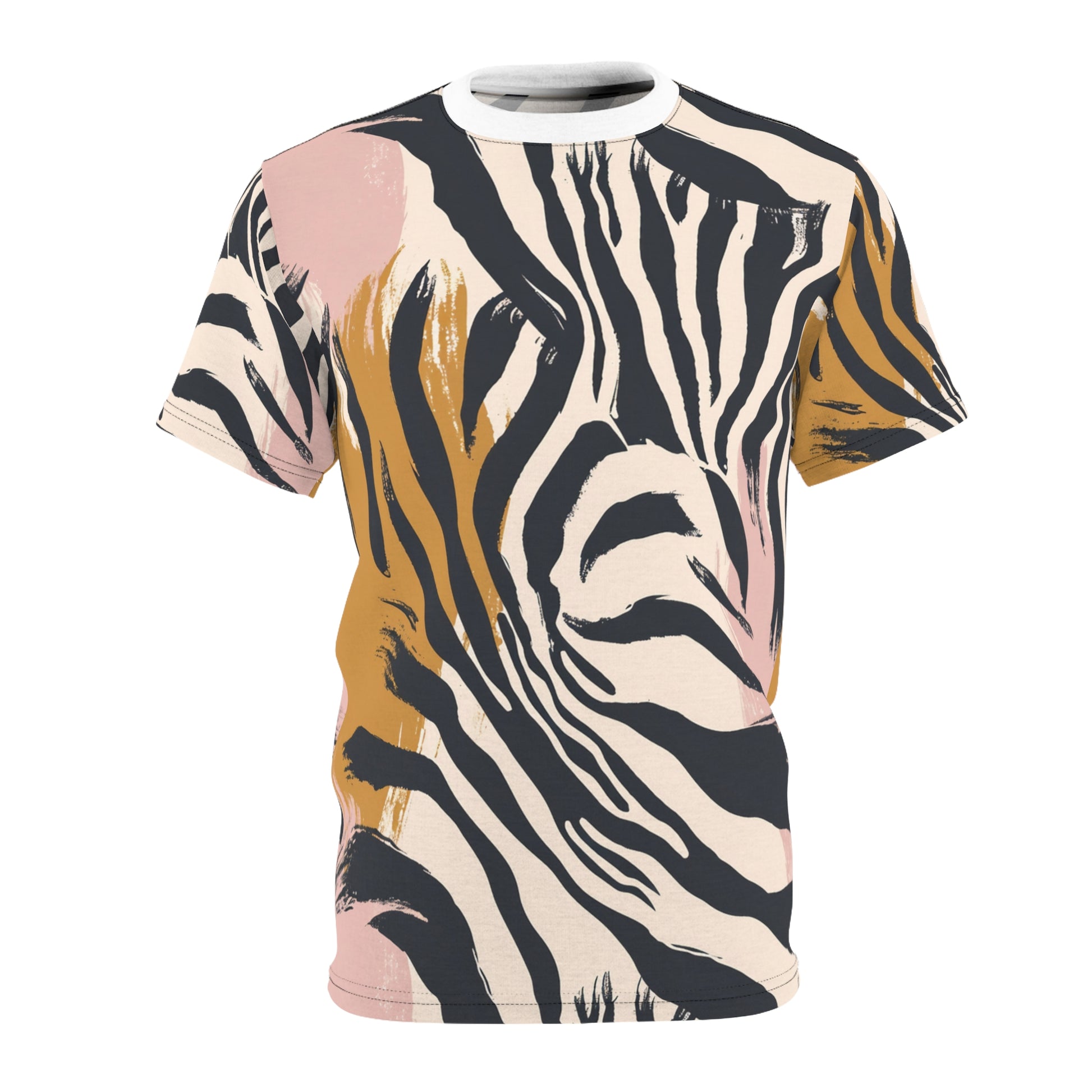 Beige Zebra Jungle Flats Unisex Cut & Sew Tee (AOP), Artsulli - Art is Long, Life is Short, All Over Prints, Color, Black stitching, Weight, 4 oz., Size, S, 75754151472341
