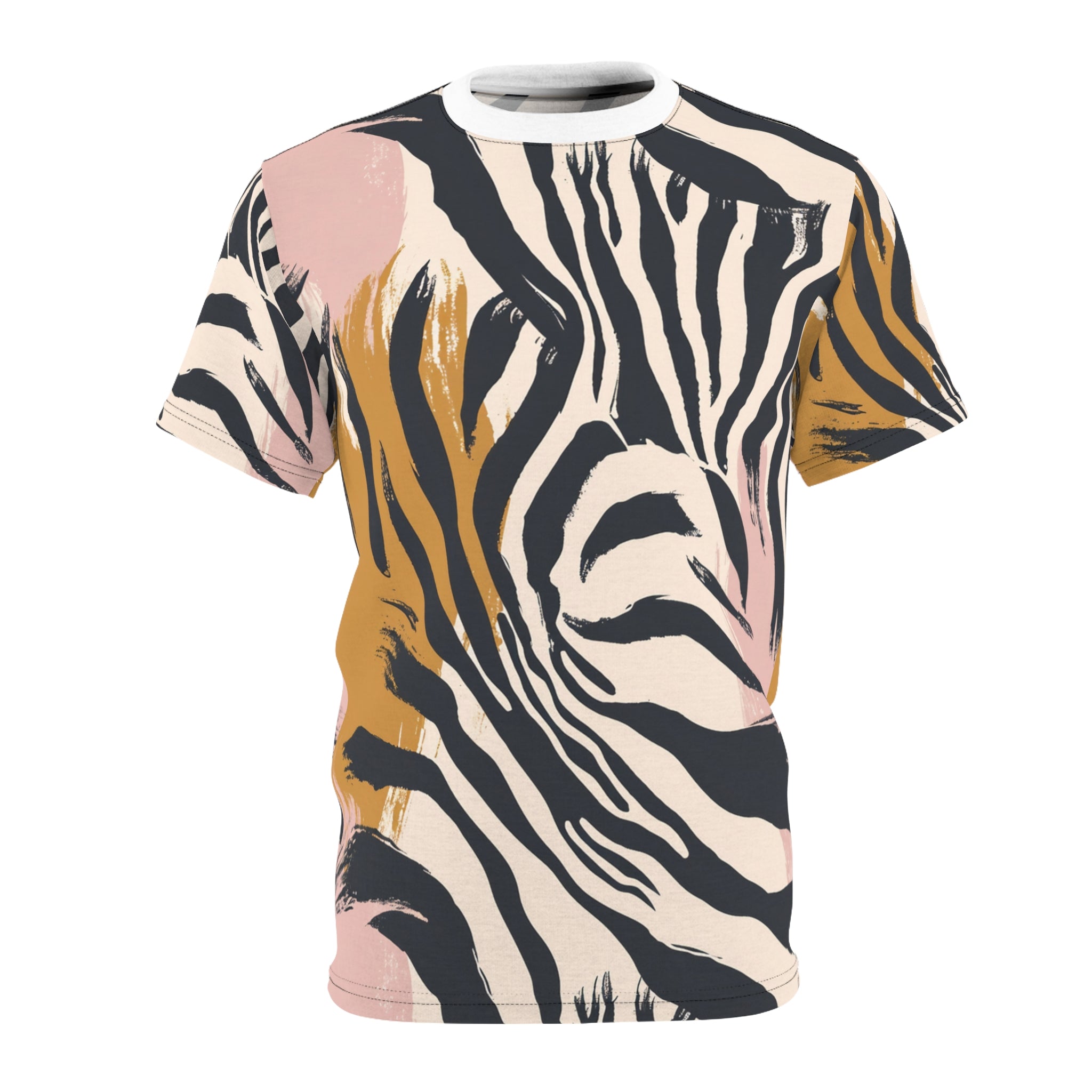 Beige Zebra Jungle Flats Unisex Cut & Sew Tee (AOP), Artsulli - Art is Long, Life is Short, All Over Prints, Color, Black stitching, Weight, 4 oz., Size, S, 75754151472341