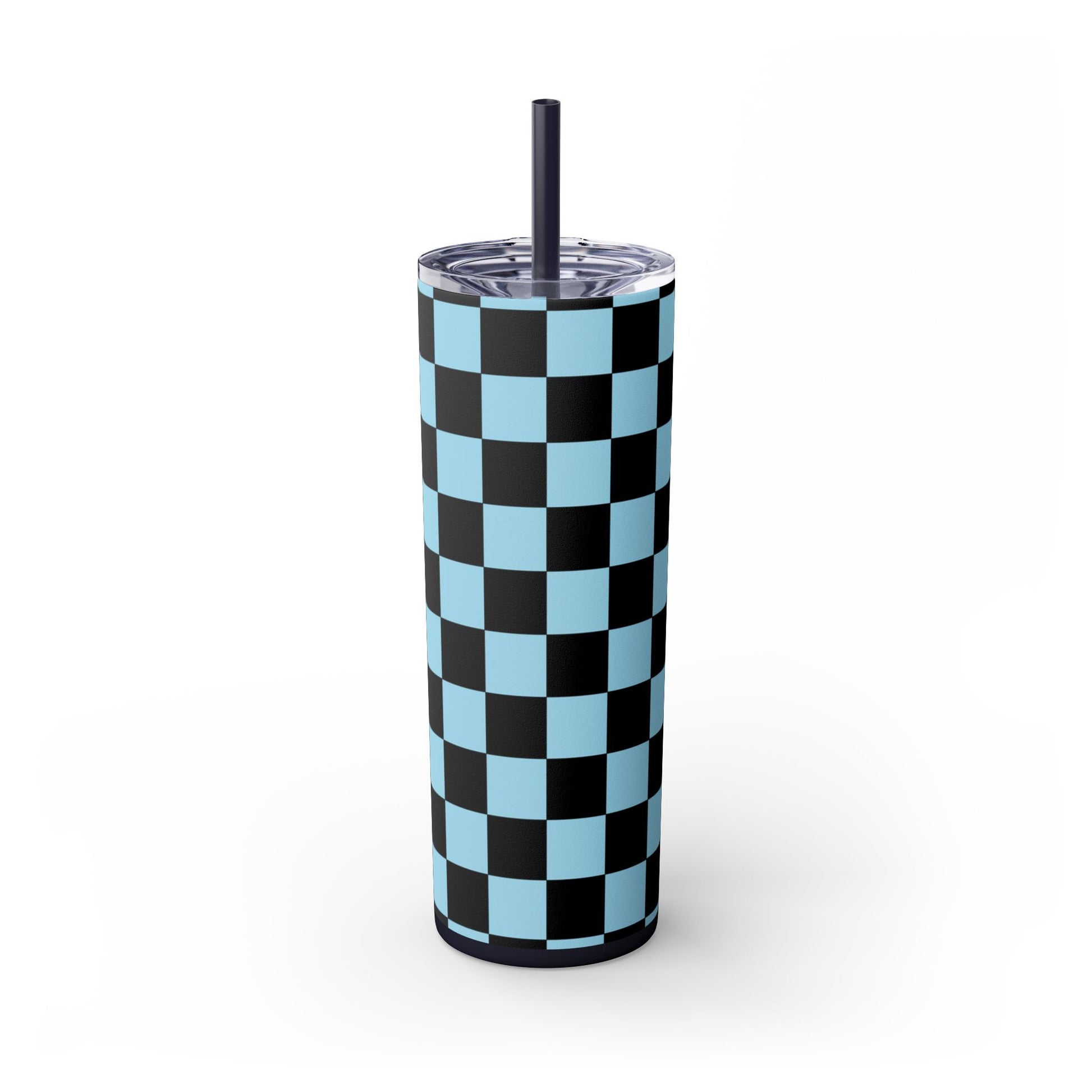 Checkerboard Black and Blue Skinny Tumbler with Straw, 20oz, Artsulli - Art is Long, Life is Short, Mug, , , , , , , 