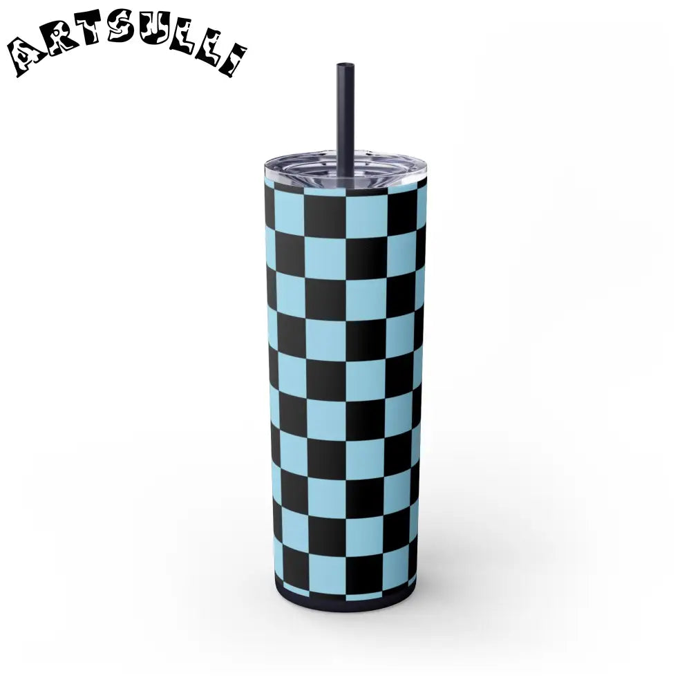 JAKKOUTTHEBXX Checkerboard Black and Blue Skinny Tumbler with Straw