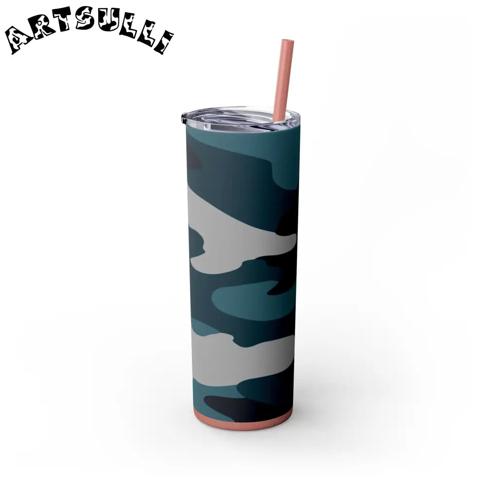 JAKKOUTTHEBXX Blue Camouflage Skinny Tumbler with Straw 20oz