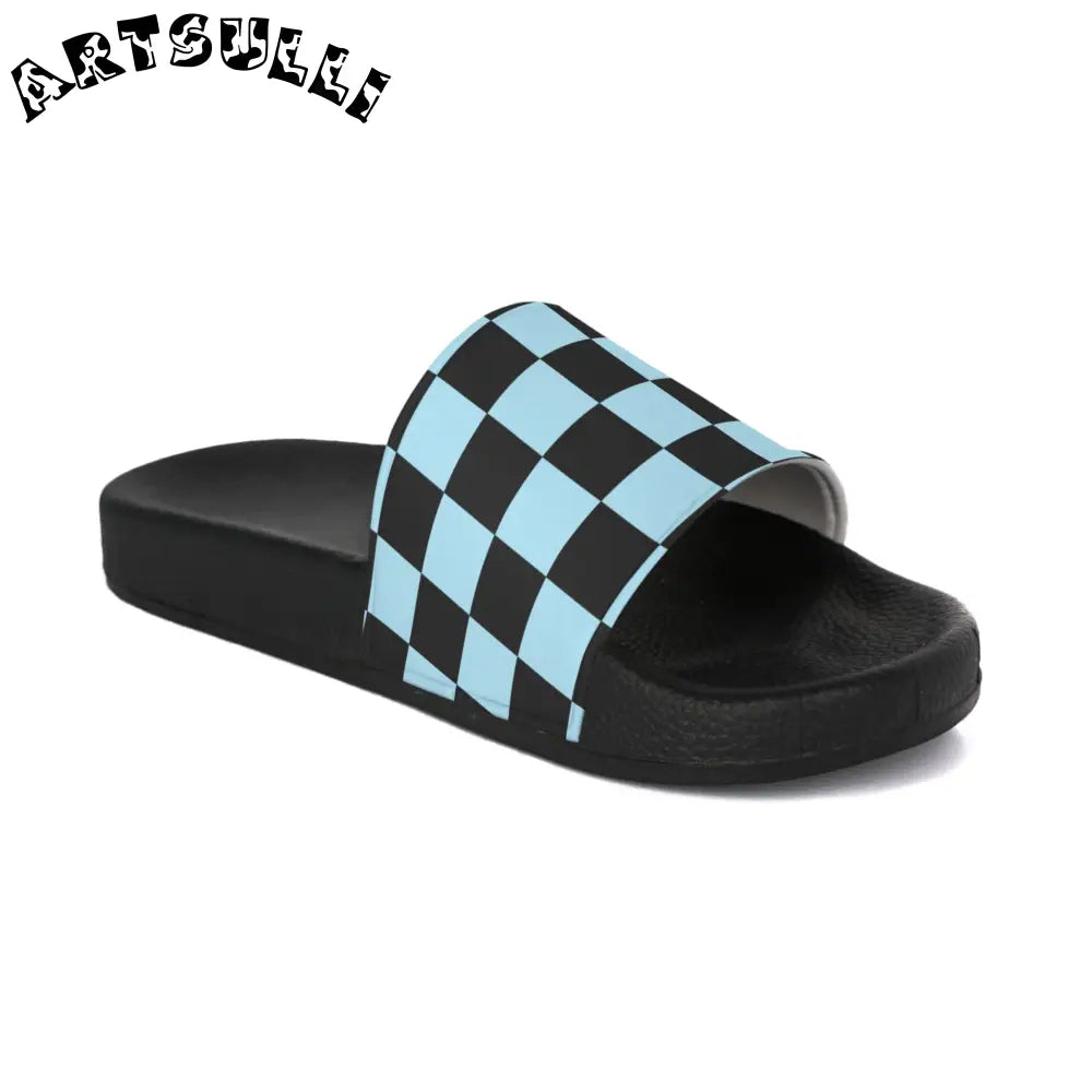 JAKKOUTTHEBXX Checkerboard Black and Blue Men’s Slide Sandals