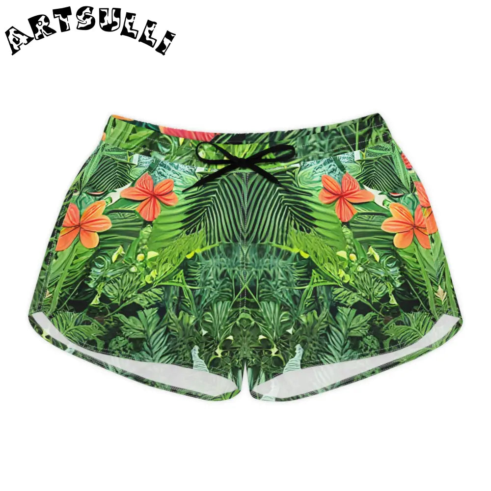 JAKKOUTTHEBXX Tropical Print Athletic Shorts with Black Drawstring