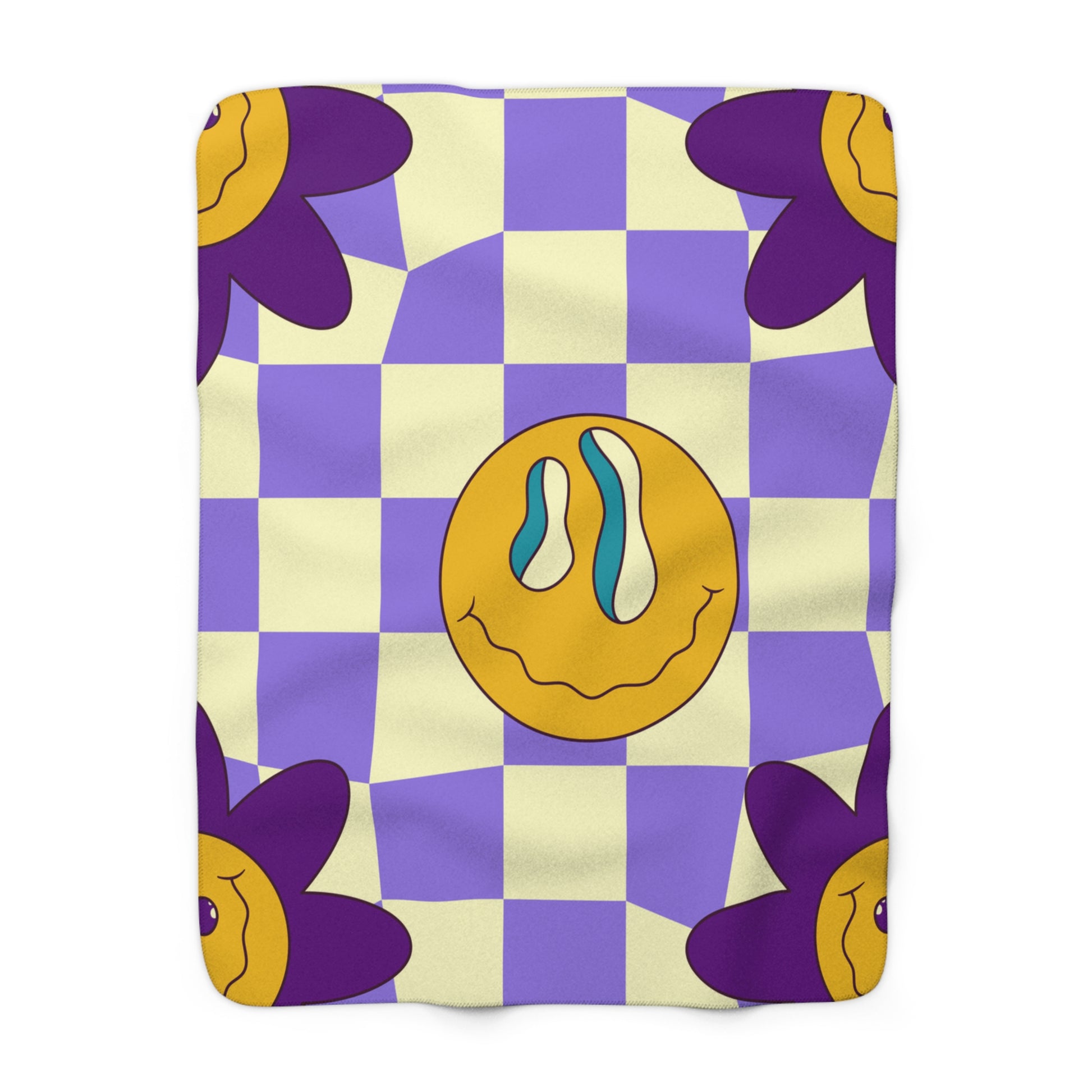 Trippy Flower Power Motifs Purple Sherpa Fleece Blanket, Artsulli - Art is Long, Life is Short, Home Decor, Size, 50" × 60", , , , , 13741138381522