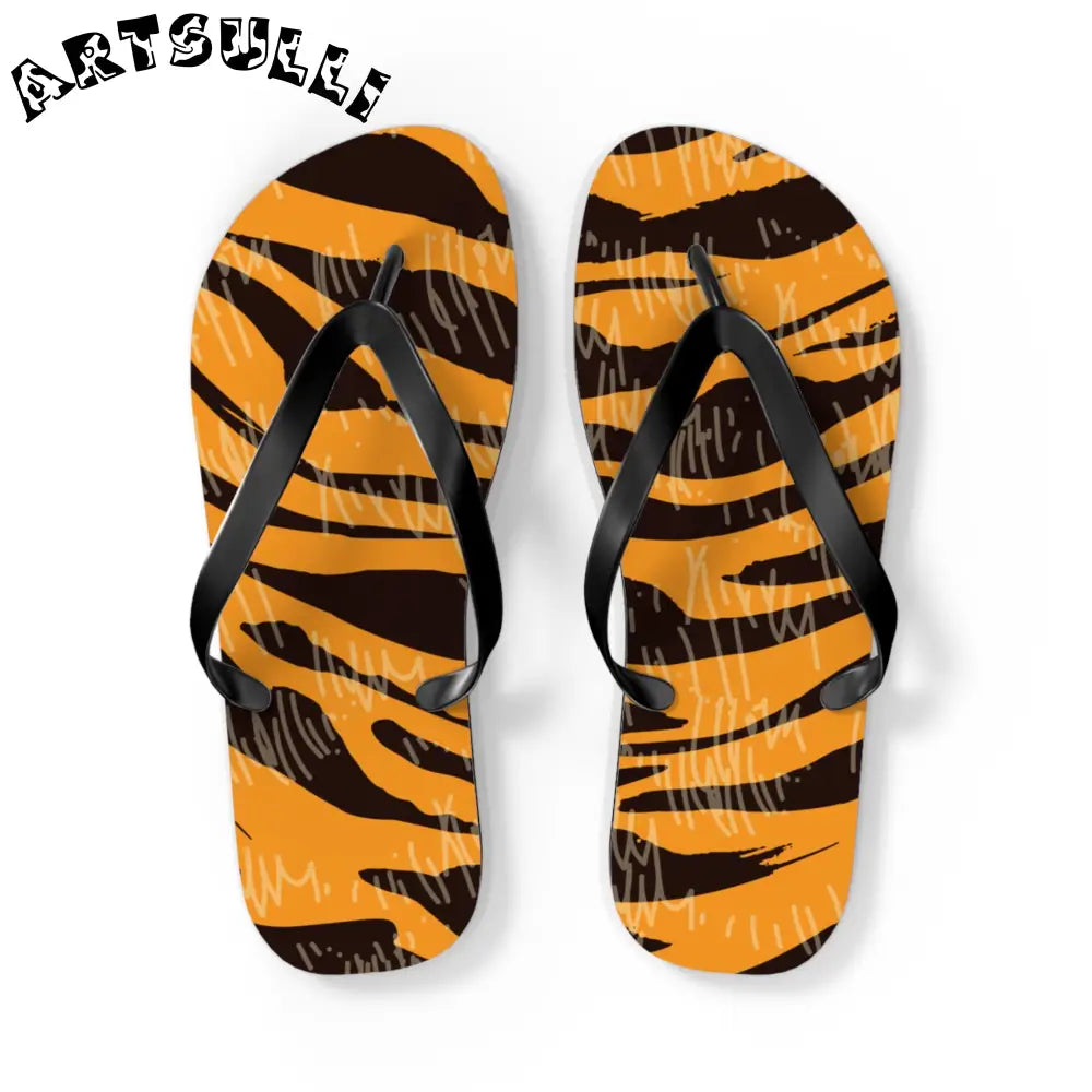 JAKKOUTTHEBXX Tiger Scratches Orange & Black Flip Flops