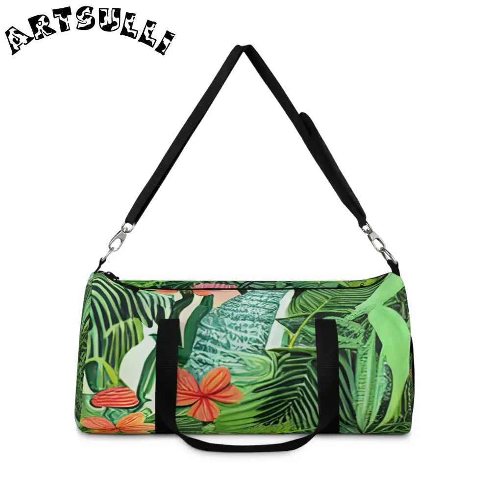 JAKKOUTTHEBXX Tropical Leaf and Flower Print Duffel Bags with Black