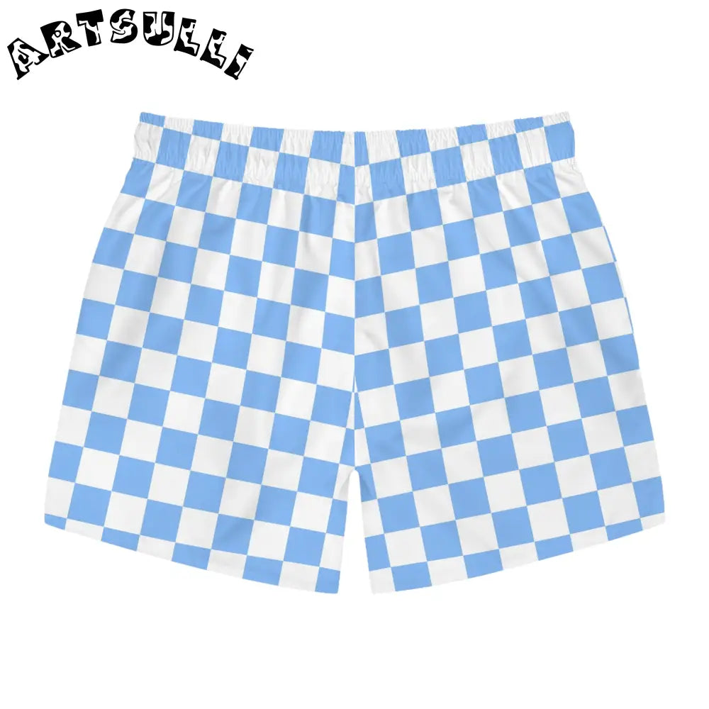 JAKKOUTTHEBXX Checkerboard II White and Light Blue Swim Trunks (AOP)