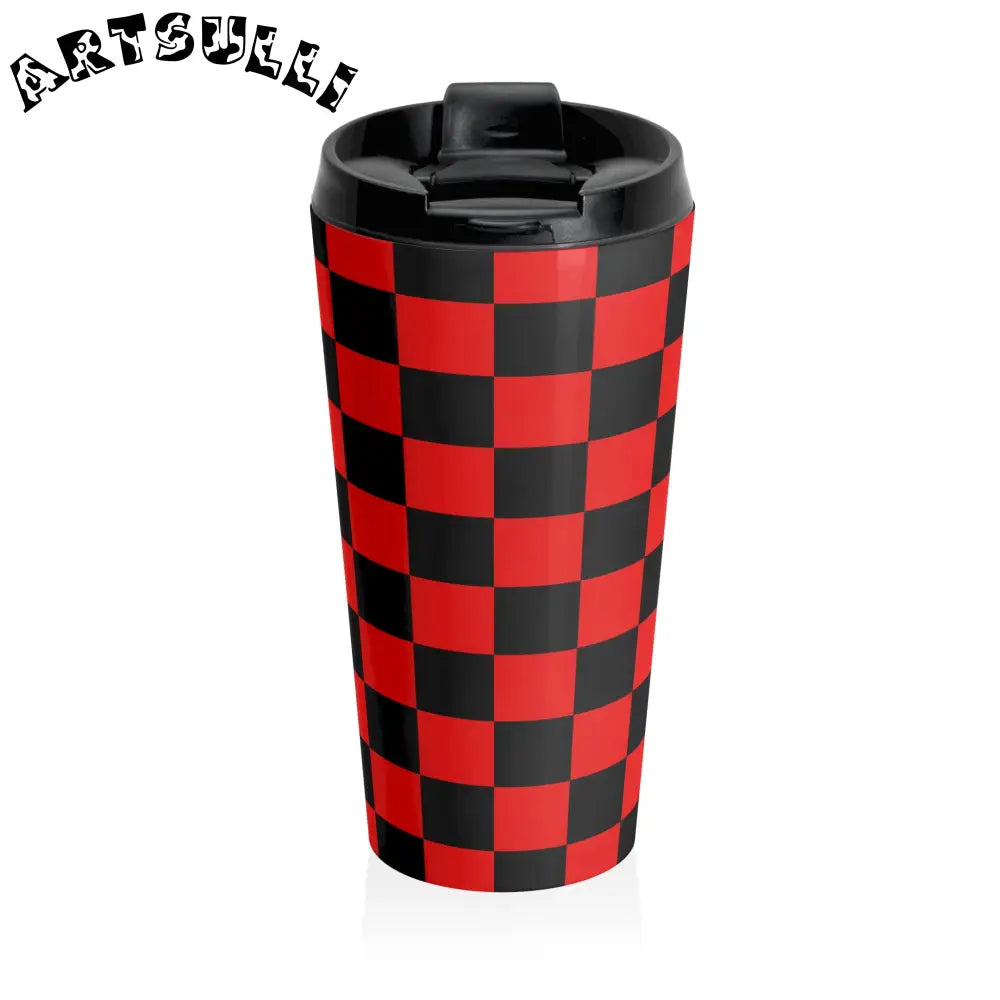 JAKKOUTTHEBXX Checkerboard Red and Black Stainless Steel Travel Mug