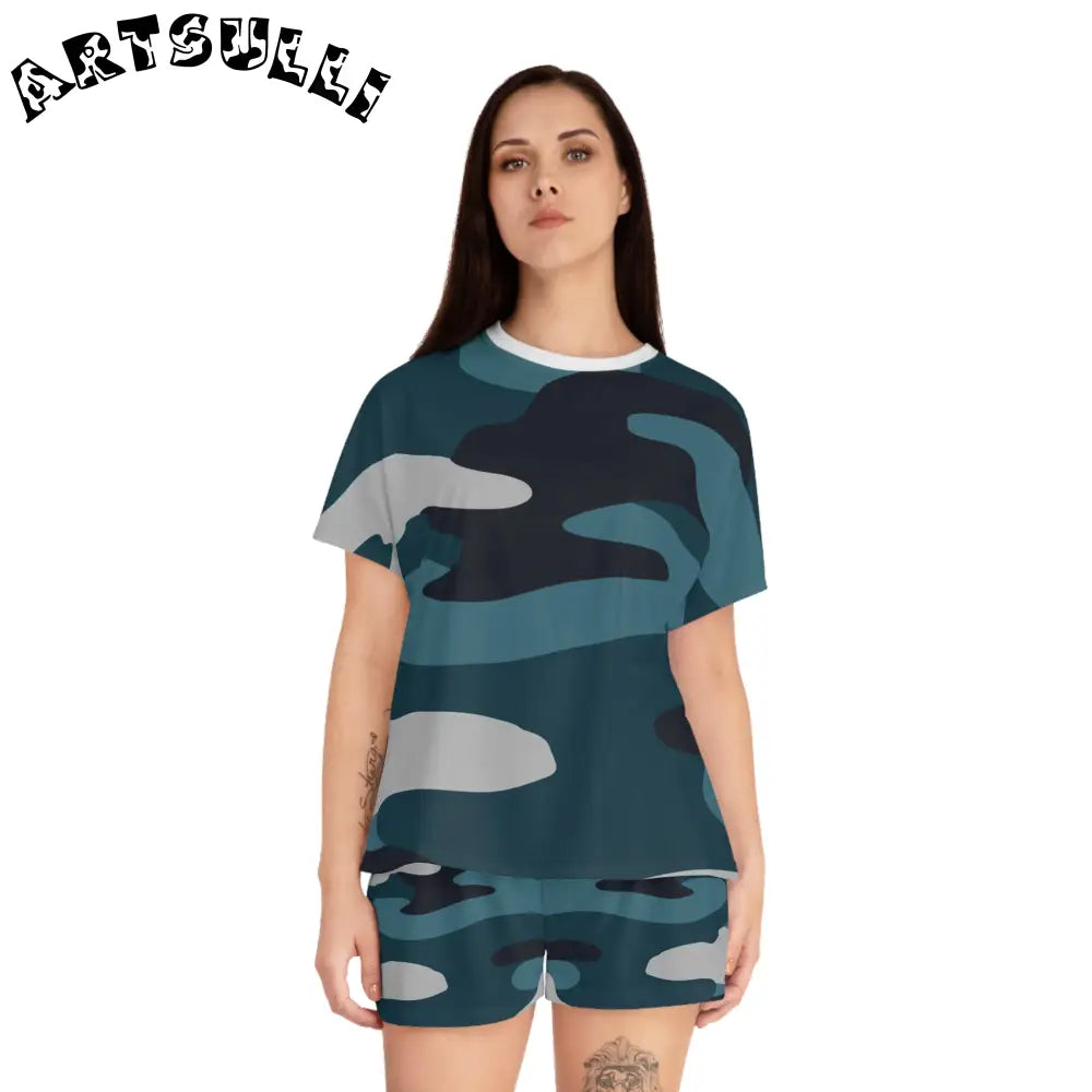 JAKKOUTTHEBXX Blue Camouflage Women’s Short Pajama Set (AOP)