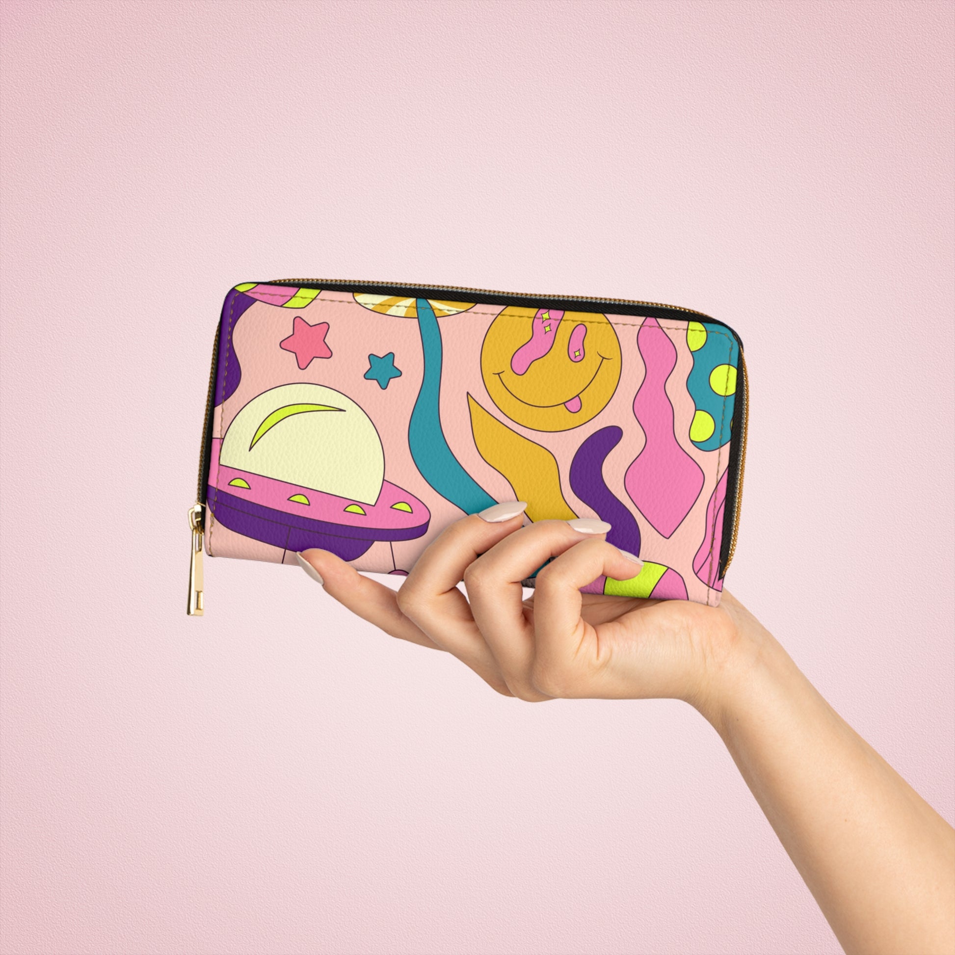 Trippy Spaceships Pink Zipper Wallet, Artsulli - Art is Long, Life is Short, Accessories, , , , , , , 