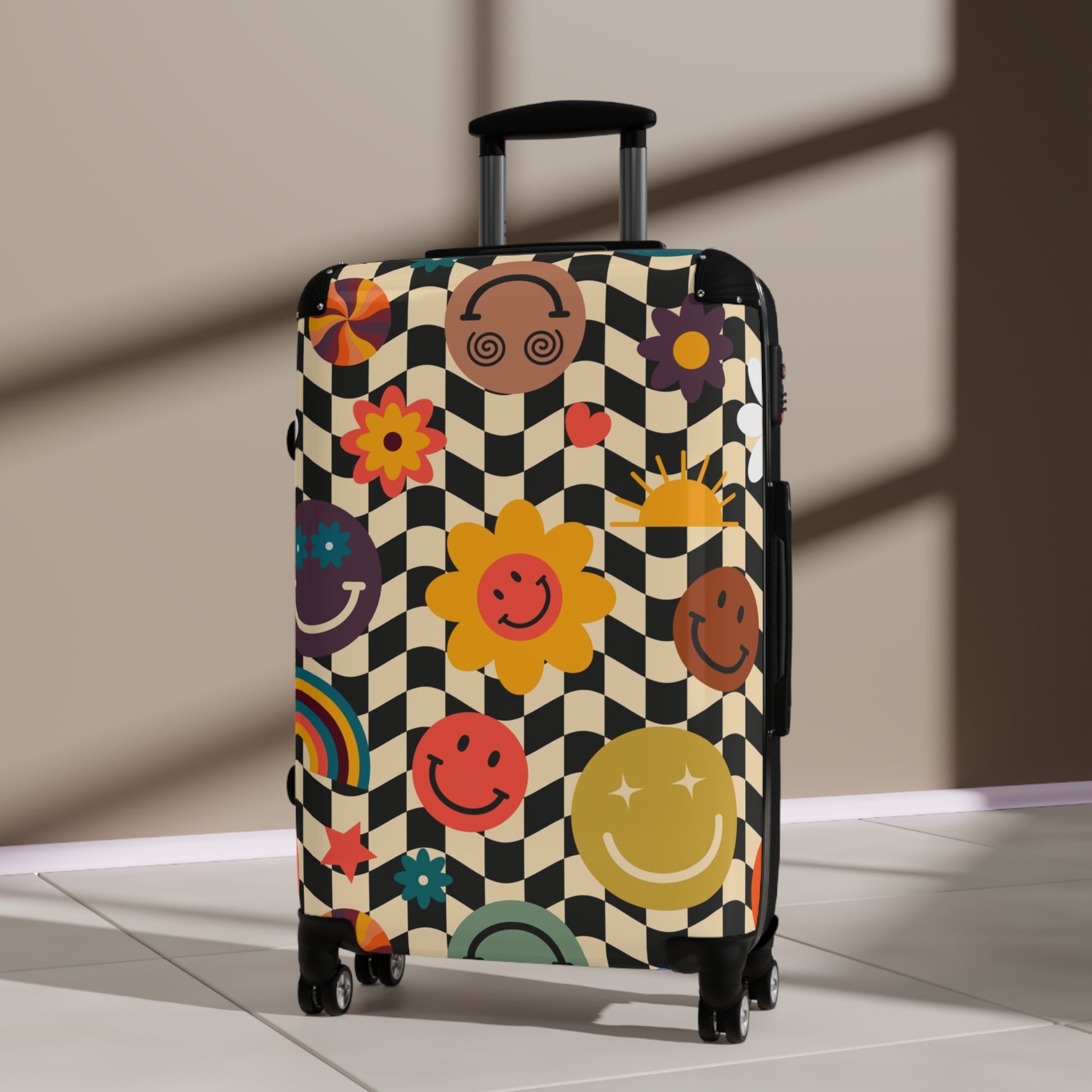 Trippy x Wavy Checkerboard x Smiley Face x Rainbow x Flowers Multi-Color Suitcase, Artsulli - Art is Long, Life is Short, Bags, , , , , , , 