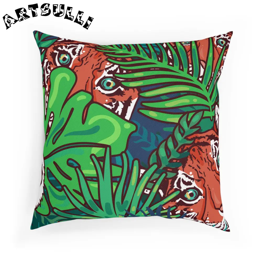 JAKKOUTTHEBXX Tropical Jungle Tigers Blue and Green Cushion