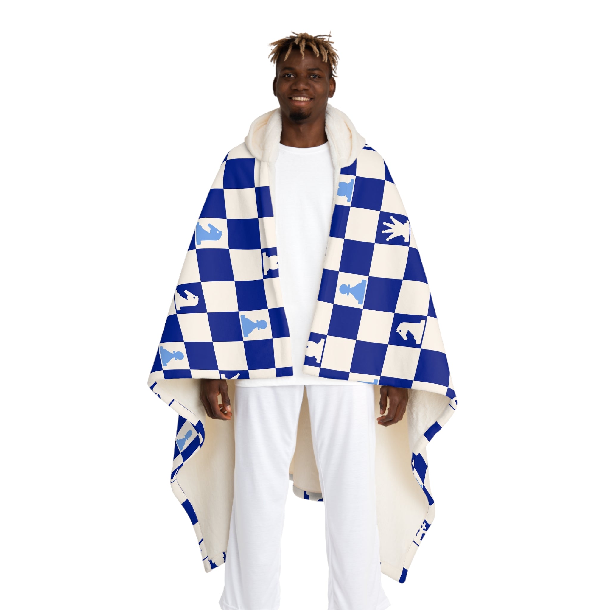 Chessboard II Navy Blue  Hooded Sherpa Fleece Blanket, Artsulli - Art is Long, Life is Short, All Over Prints, Size, One size, Color, Cream, , , 11944468030838115615