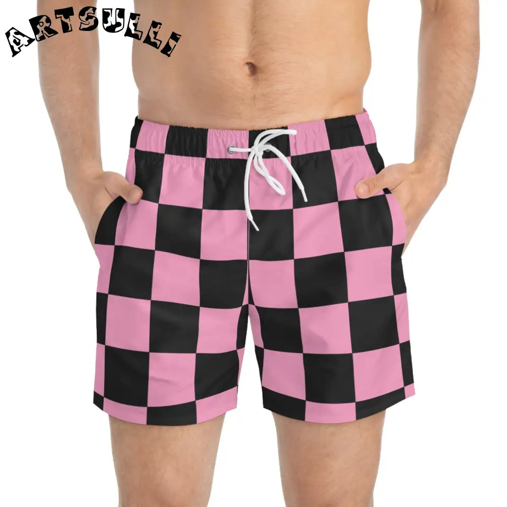JAKKOUTTHEBXX Checkerboard Black and Pink Swim Trunks (AOP)
