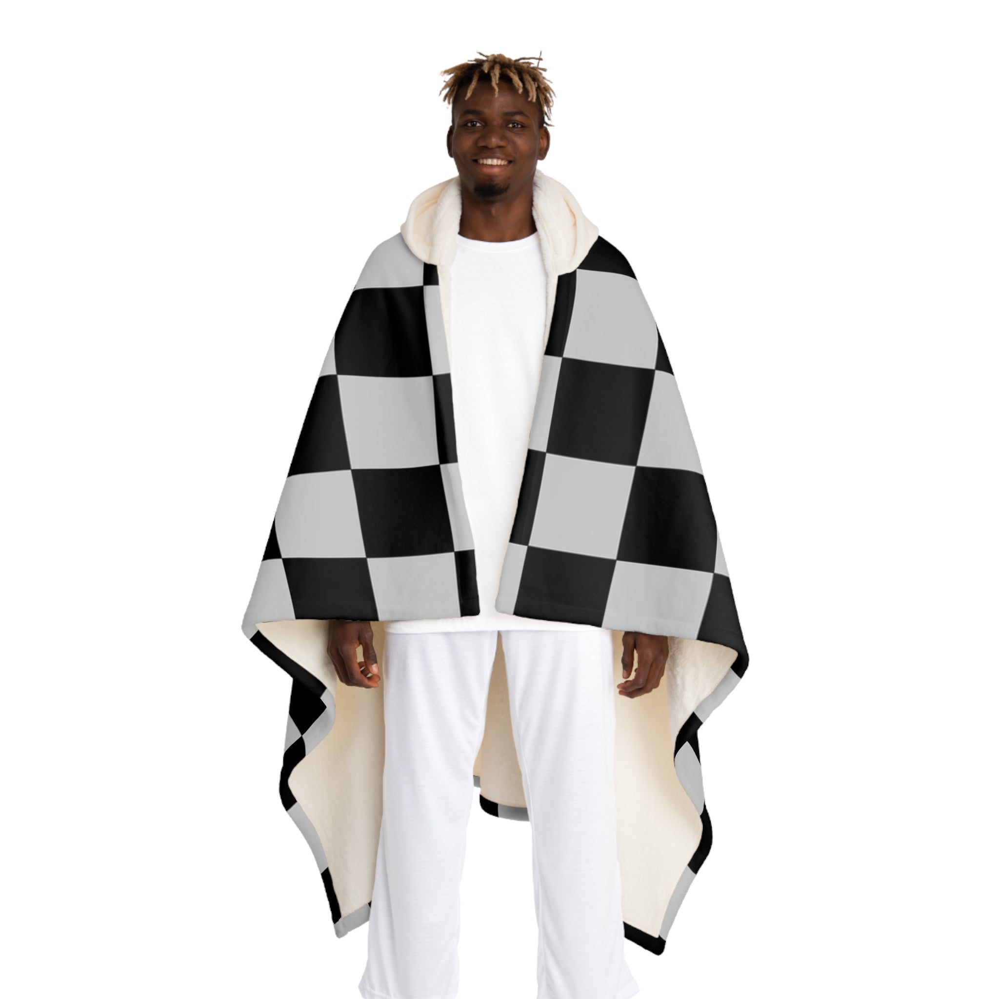 Checkerboard Dada Black and Light Gray Hooded Sherpa Fleece Blanket, Artsulli - Art is Long, Life is Short, All Over Prints, Size, One size, Color, Cream, , , 11841523911833217141