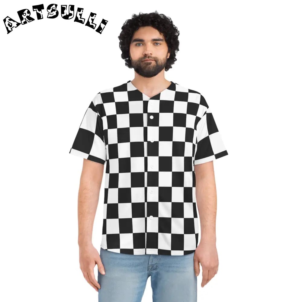 JAKKOUTTHEBXX Checkerboard White and Black Men’s Baseball Jersey
