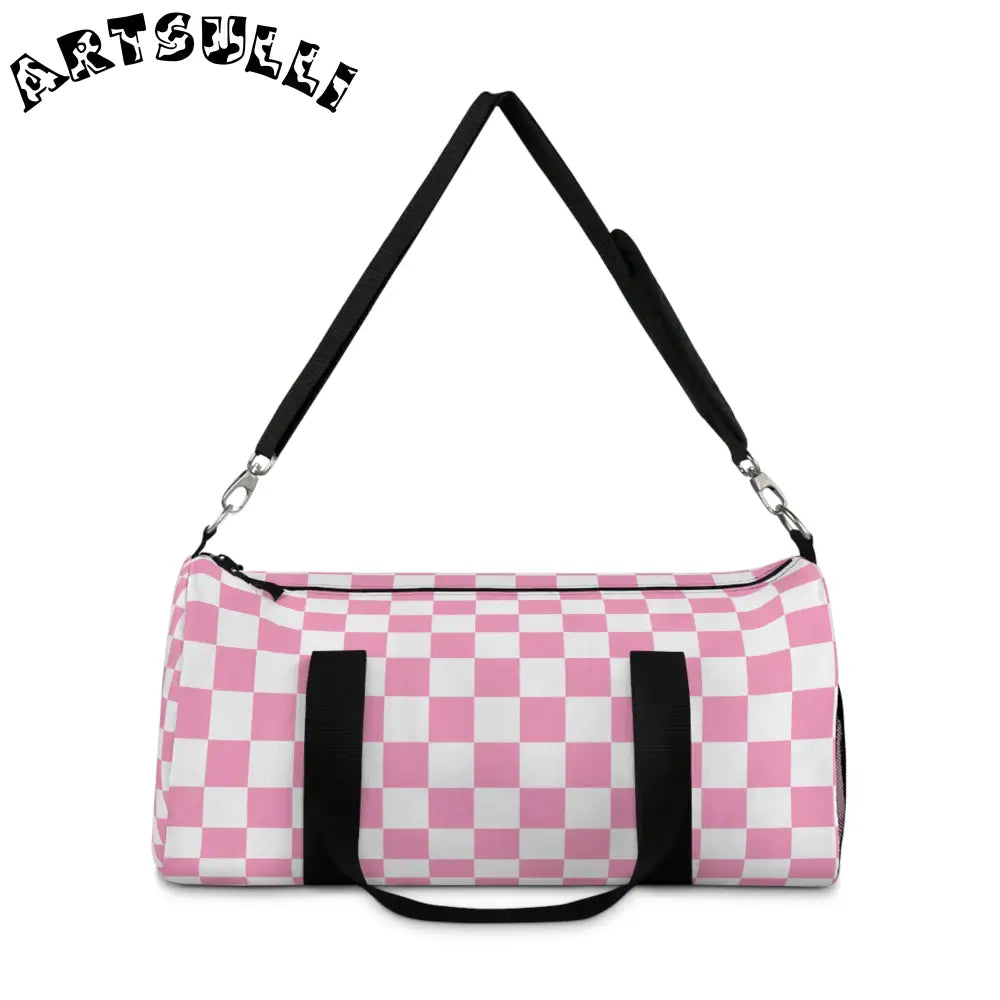 JAKKOUTTHEBXX Checkerboard II Hot Pink and White Duffel Bag