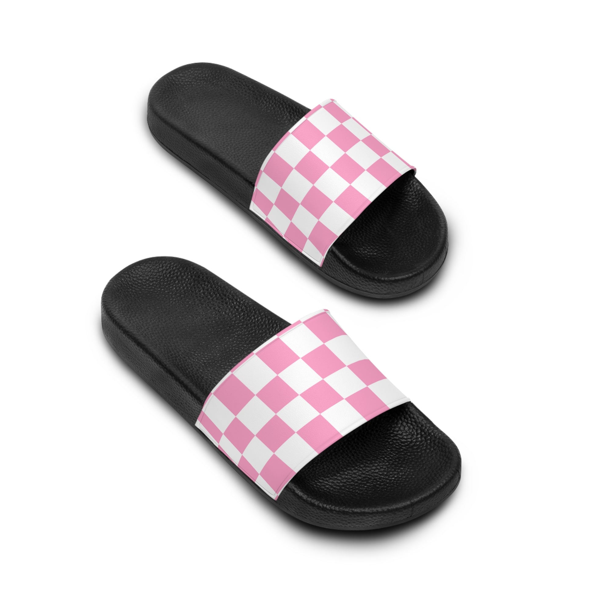 Checkerboard Hot Pink and White Women's Slide Sandals, Artsulli - Art is Long, Life is Short, Shoes, , , , , , , 