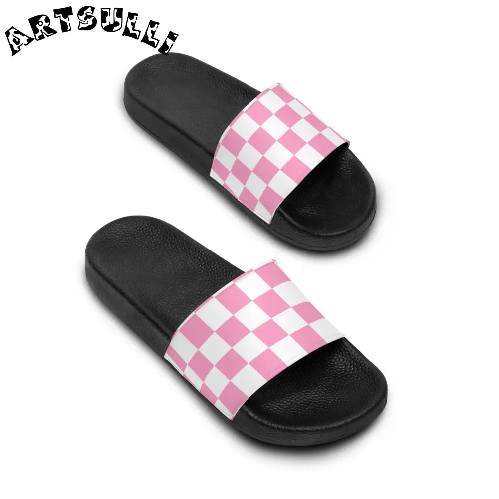 JAKKOUTTHEBXX Checkerboard Hot Pink and White Women’s Slide Sandals
