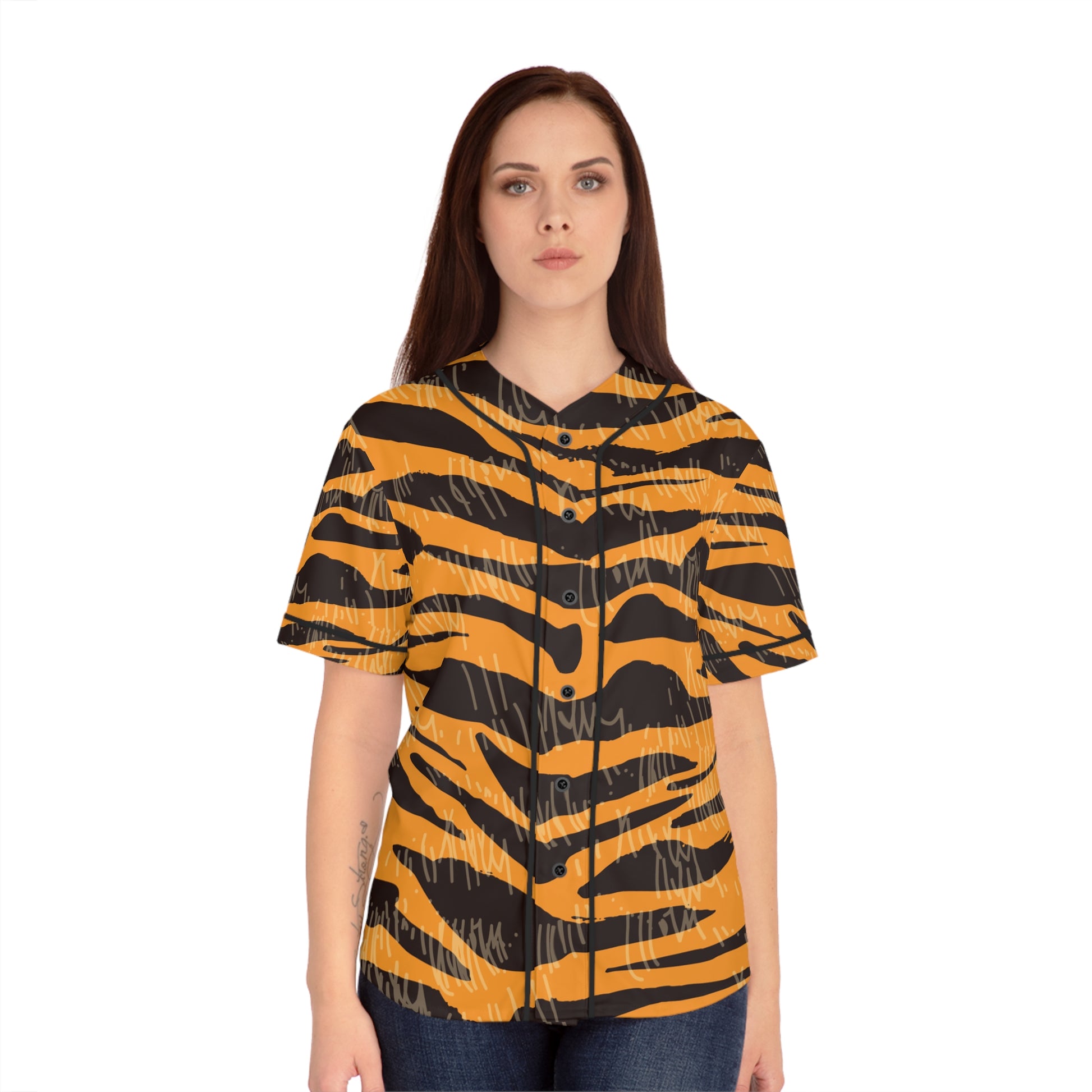 Tiger Scratches Orange & Black Women's Baseball Jersey (AOP), Artsulli - Art is Long, Life is Short, All Over Prints, , , , , , , 