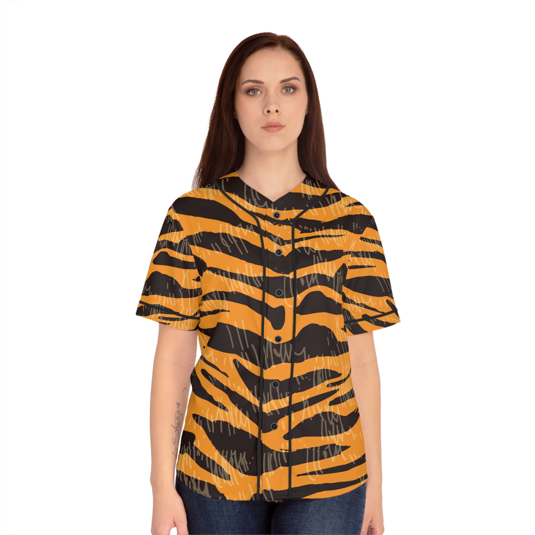 Tiger Scratches Orange & Black Women's Baseball Jersey (AOP), Artsulli - Art is Long, Life is Short, All Over Prints, , , , , , , 