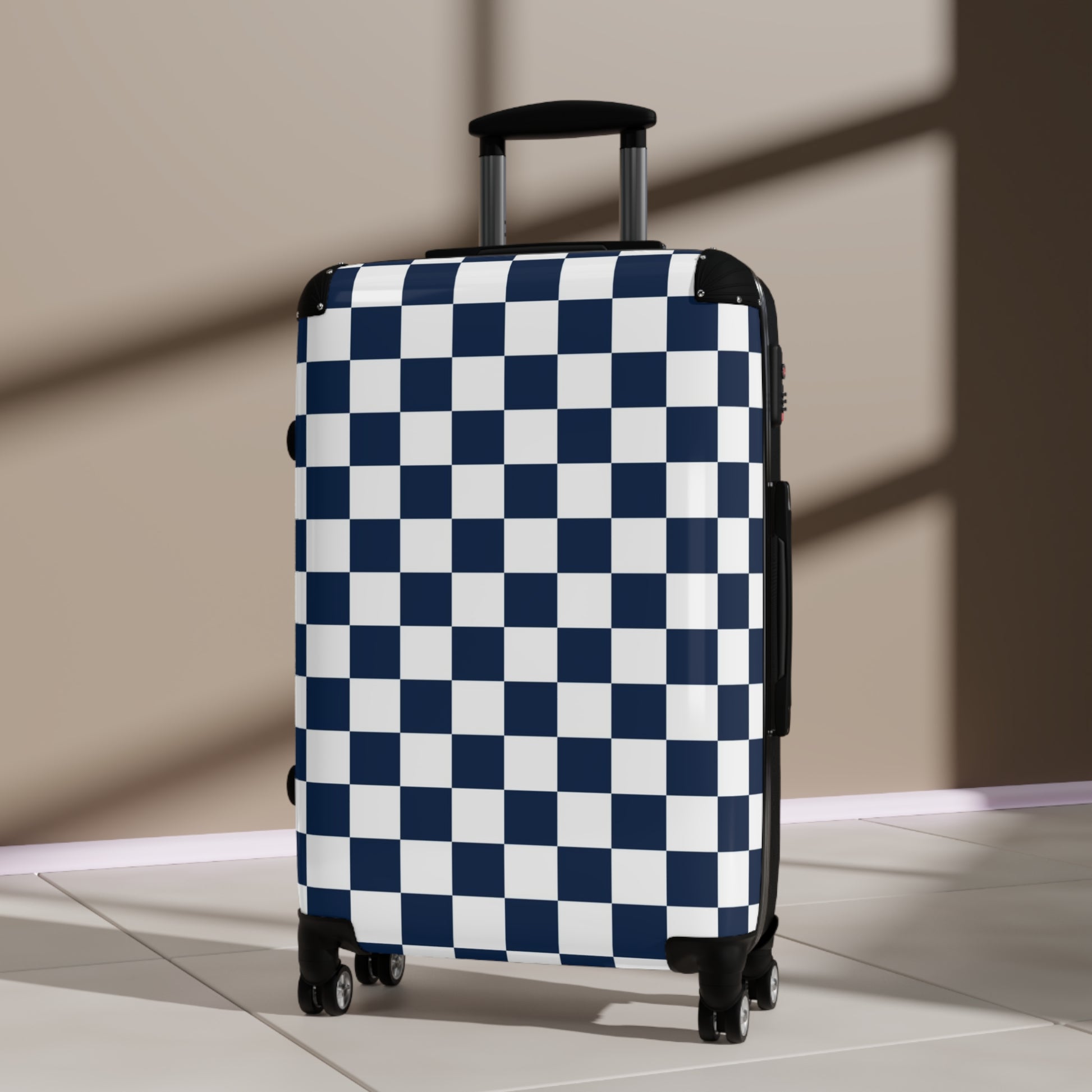 Checkerboard White and Navy Blue Suitcase, Artsulli - Art is Long, Life is Short, Bags, , , , , , , 