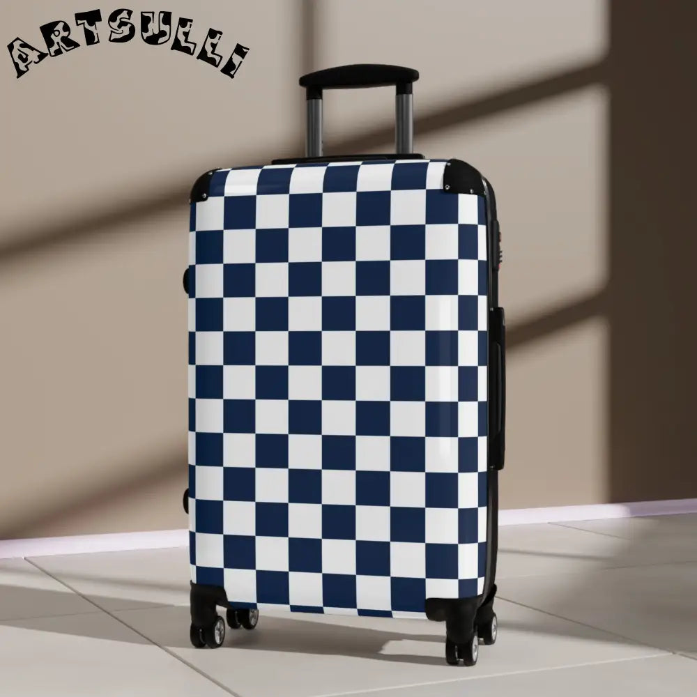 JAKKOUTTHEBXX Checkerboard White and Navy Blue Suitcase
