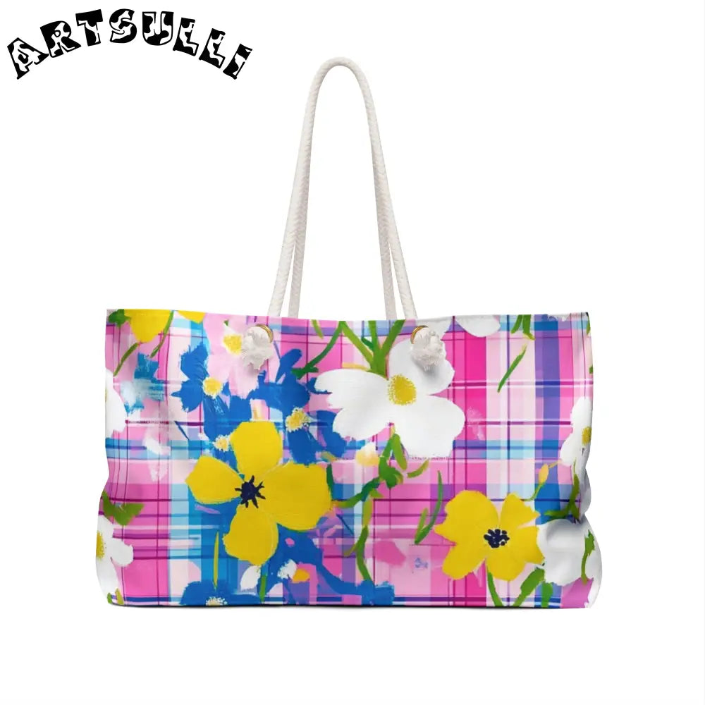 JAKKOUTTHEBXX Plaid Garden II Pink and Purple Weekender Bag