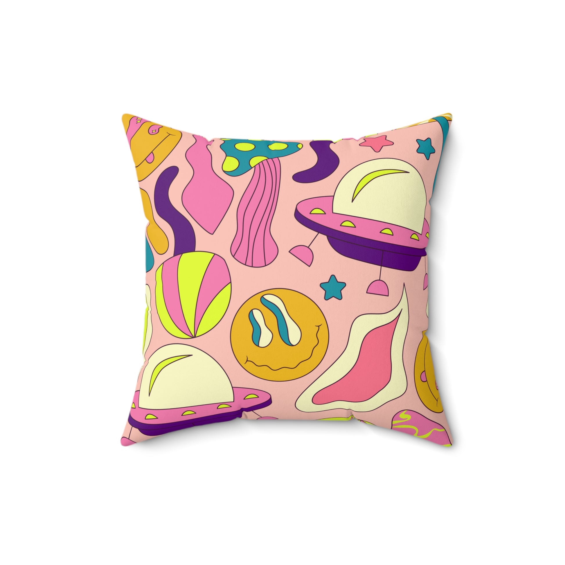 Trippy Spaceships Pink Spun Polyester Square Pillow, Artsulli - Art is Long, Life is Short, Home Decor, Size, 16" × 16", , , , , 14052894346516