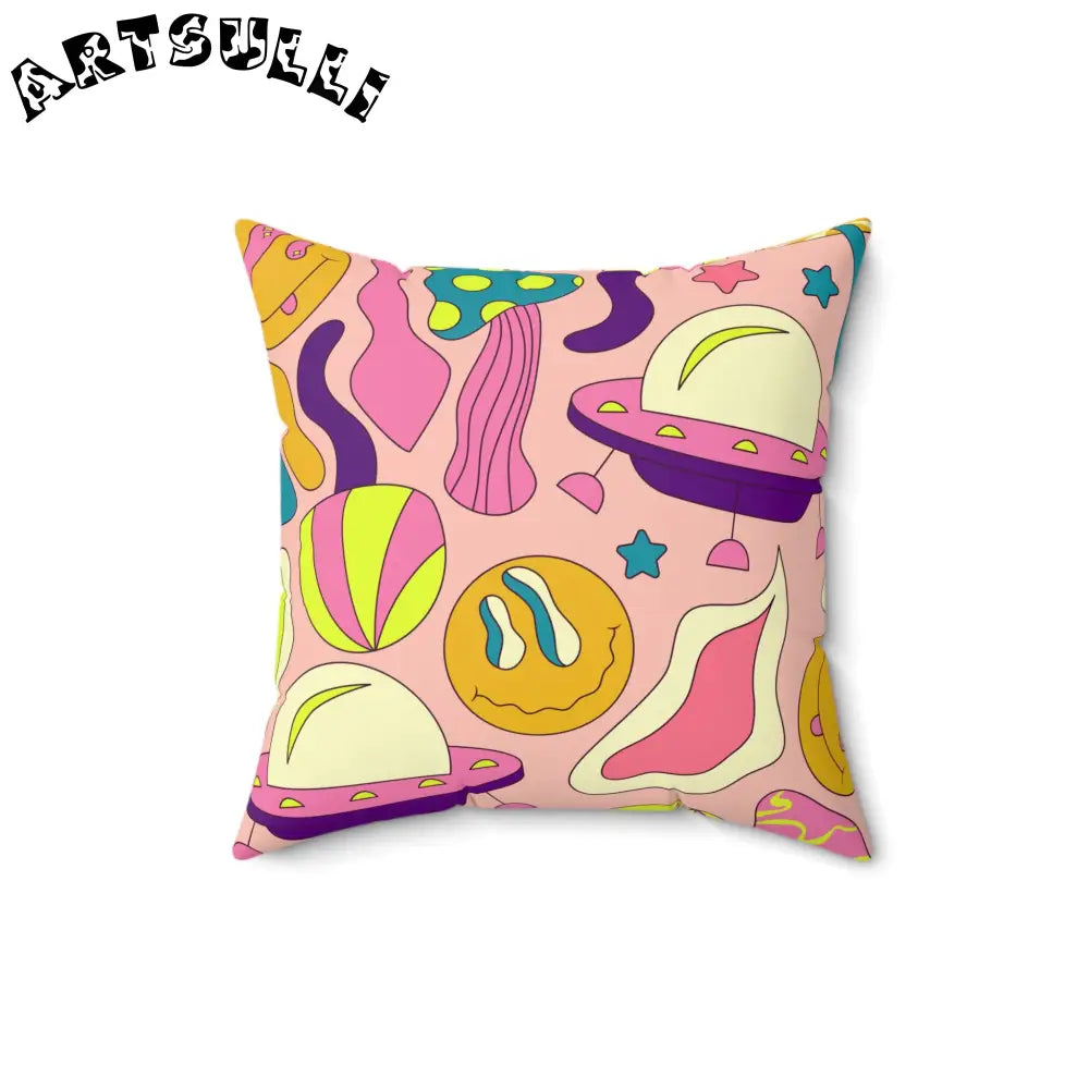 JAKKOUTTHEBXX Trippy Spaceships Pink Spun Polyester Square Pillow