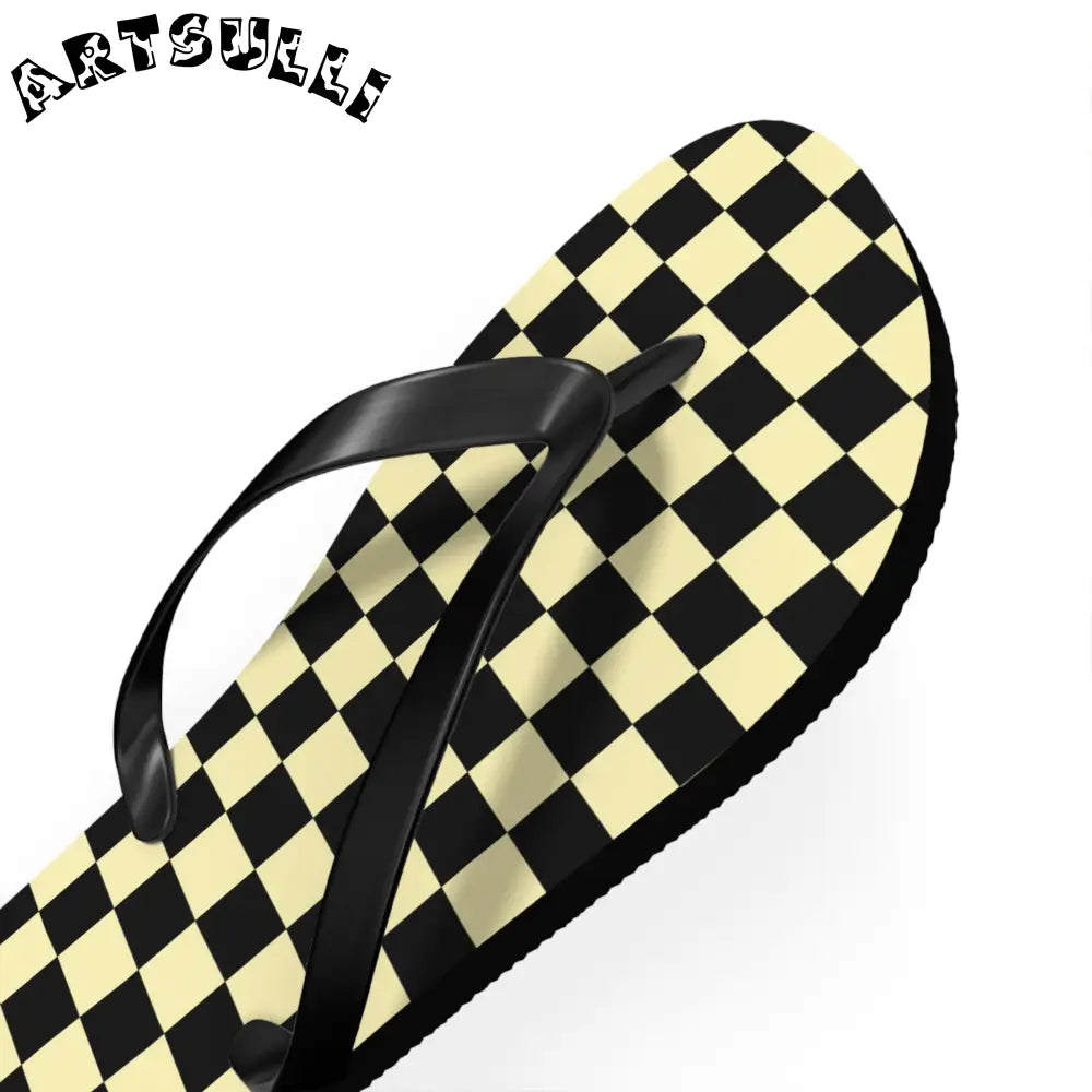 JAKKOUTTHEBXX Checkerboard Black and Yellow Flip Flops JAKKOUTTHEBXX