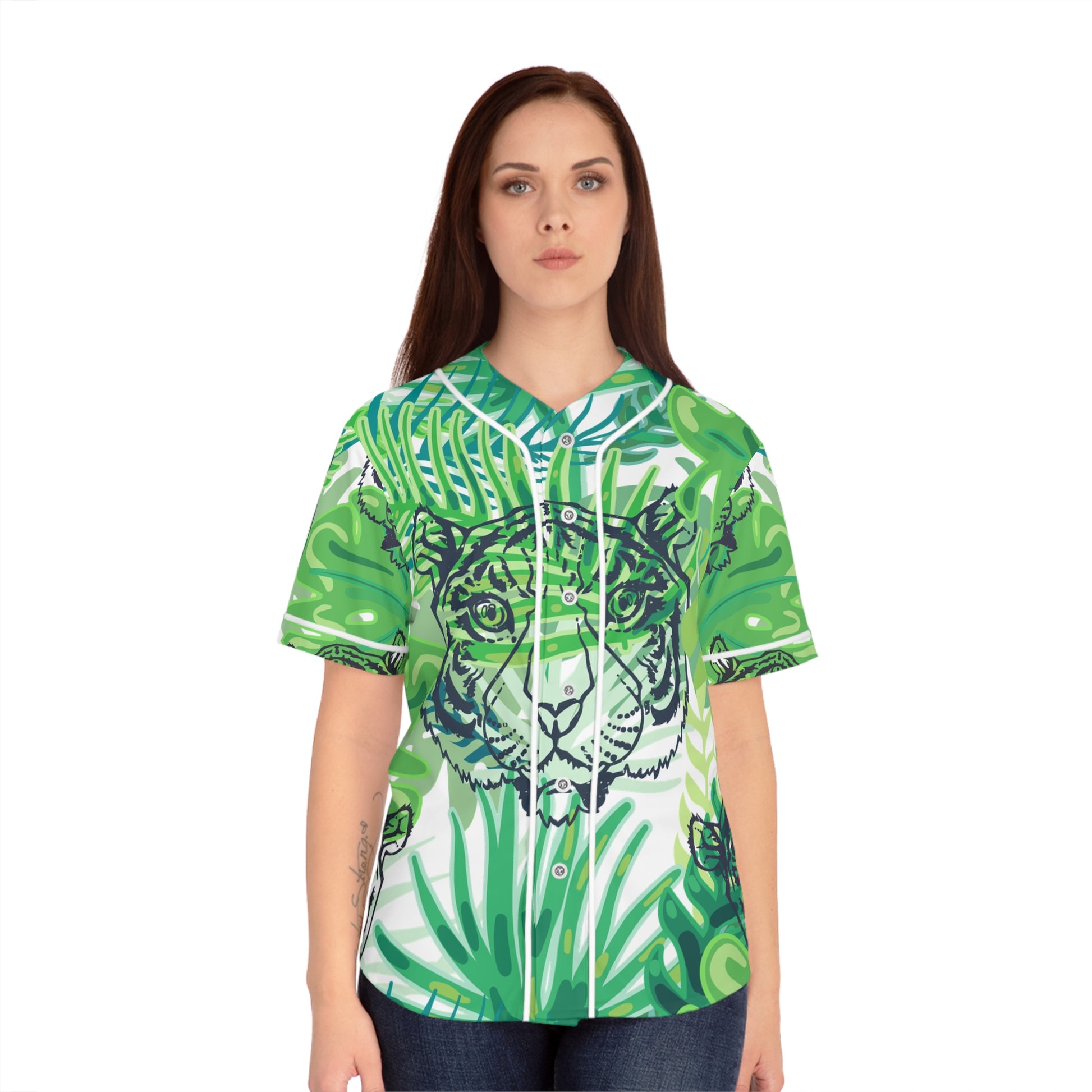 Tropical Jungle Tigers Green Women's Baseball Jersey (AOP), Artsulli - Art is Long, Life is Short, All Over Prints, , , , , , , 