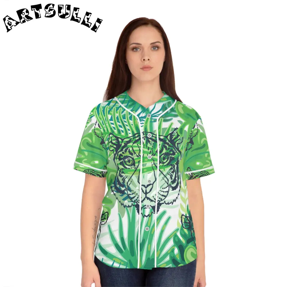 JAKKOUTTHEBXX Tropical Jungle Tigers Green Women’s Baseball Jersey