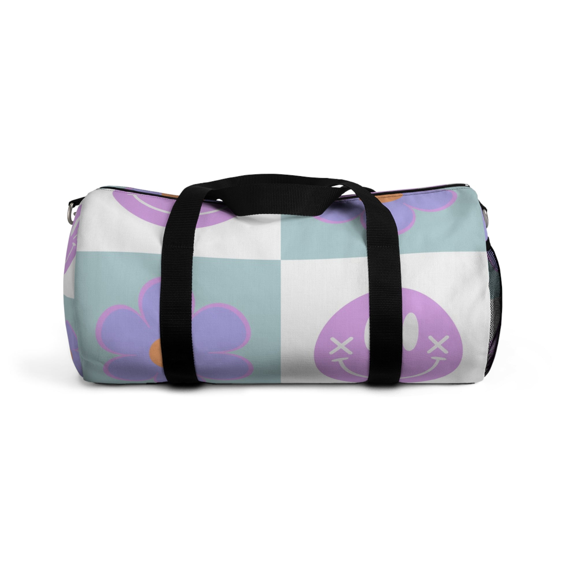 Flower x Smiley Face x Checkerboard Purple Duffel Bag, Artsulli - Art is Long, Life is Short, Bags, Size, Small, , , , , 10778284180146