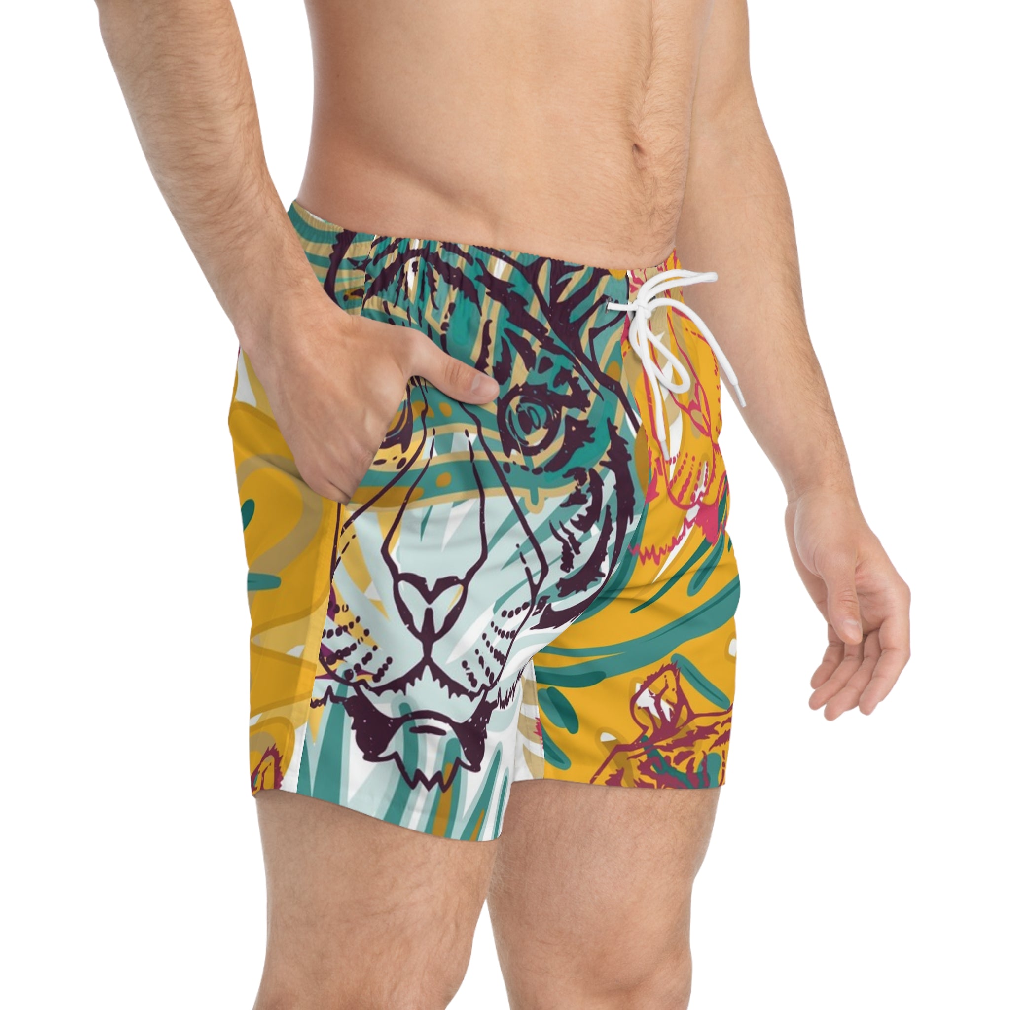 Tropical Jungle Tigers Brown and Green Swim Trunks (AOP), Artsulli - Art is Long, Life is Short, All Over Prints, , , , , , , 