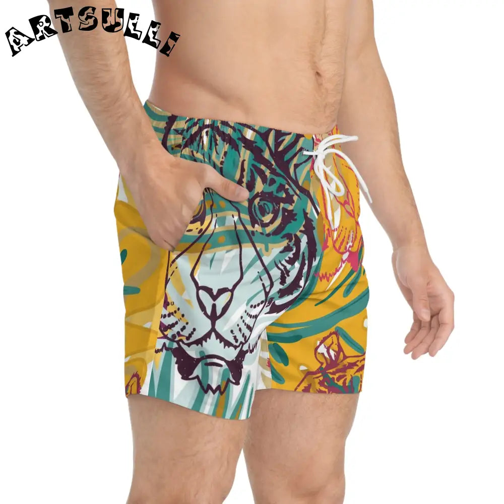 JAKKOUTTHEBXX Tropical Jungle Tigers Brown and Green Swim Trunks